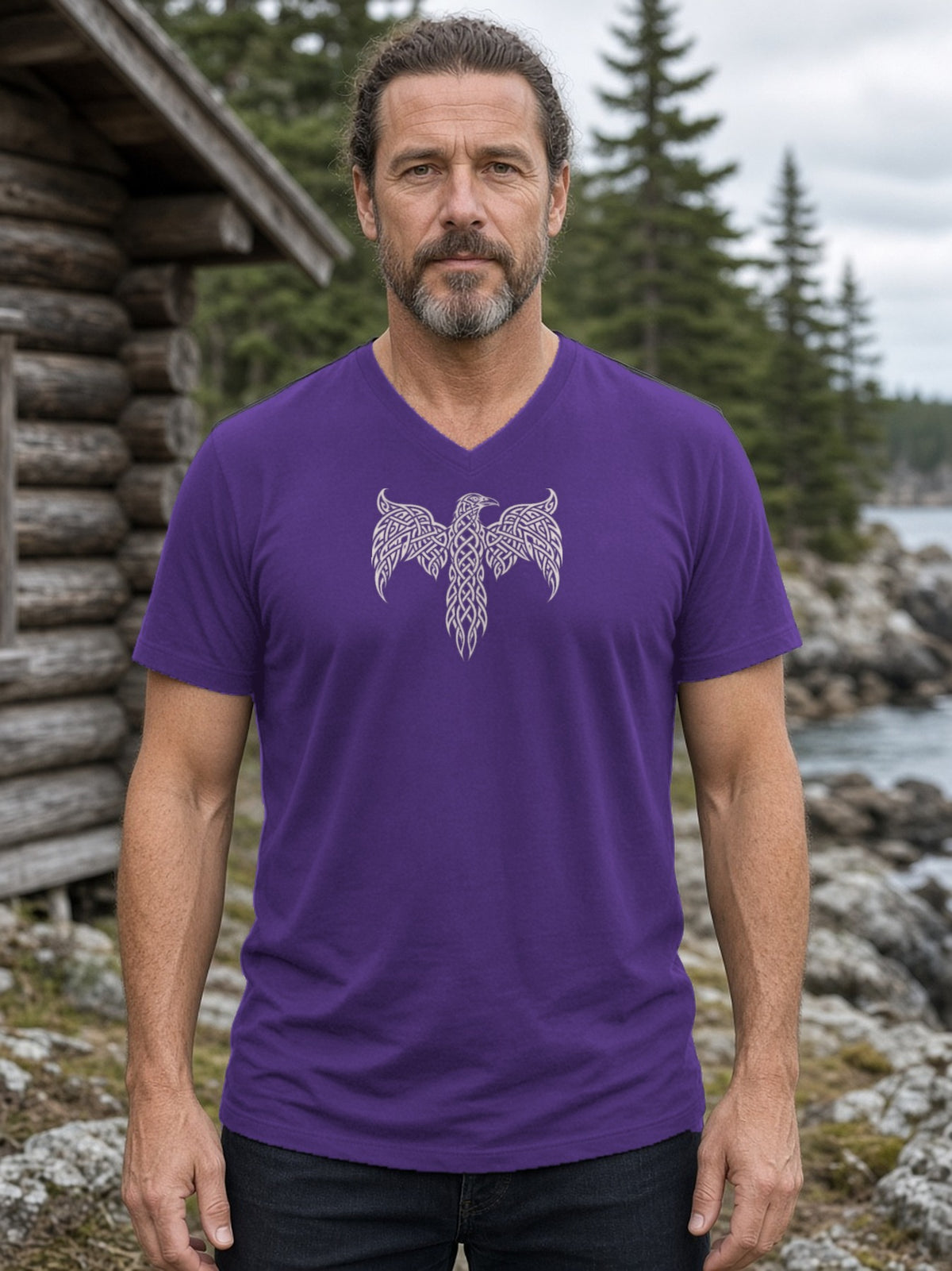 Knotwork Raven Norse Art V-Neck Tee - Team Purple