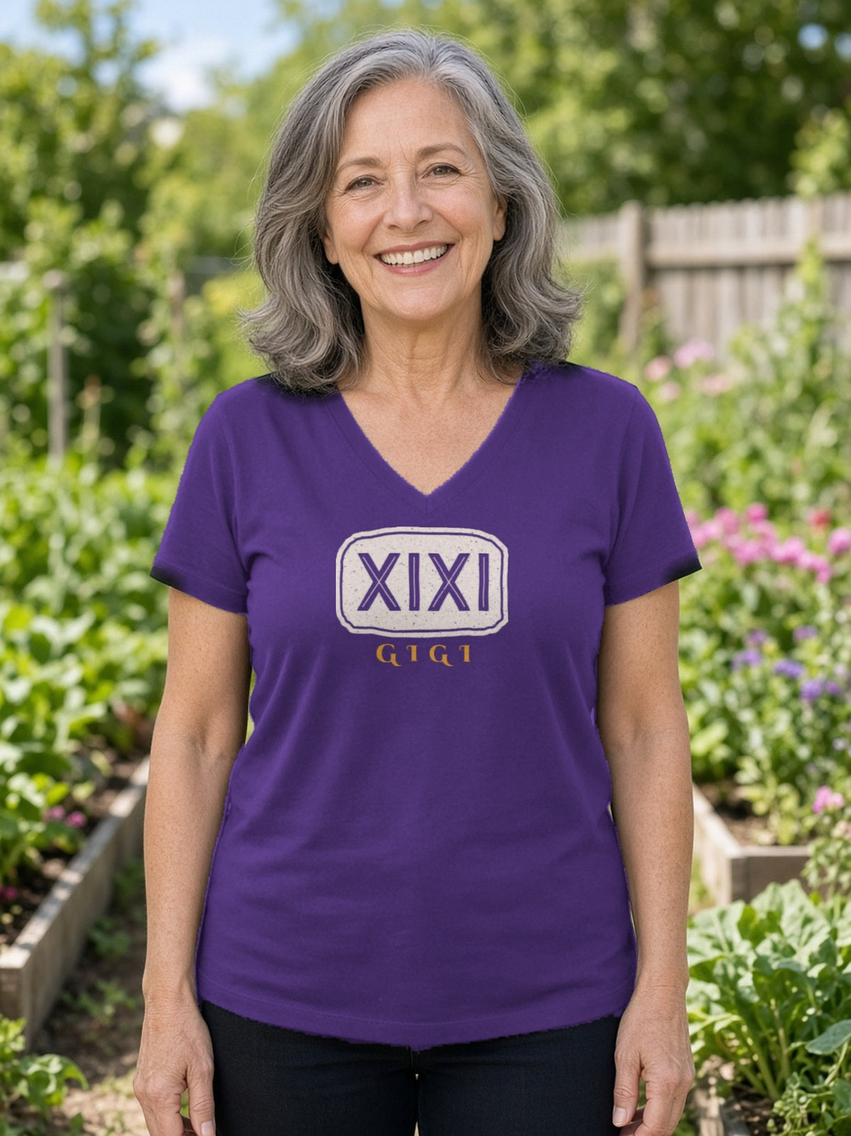 GIGI in Runes Carved Stone V-Neck Tee - Team Purple