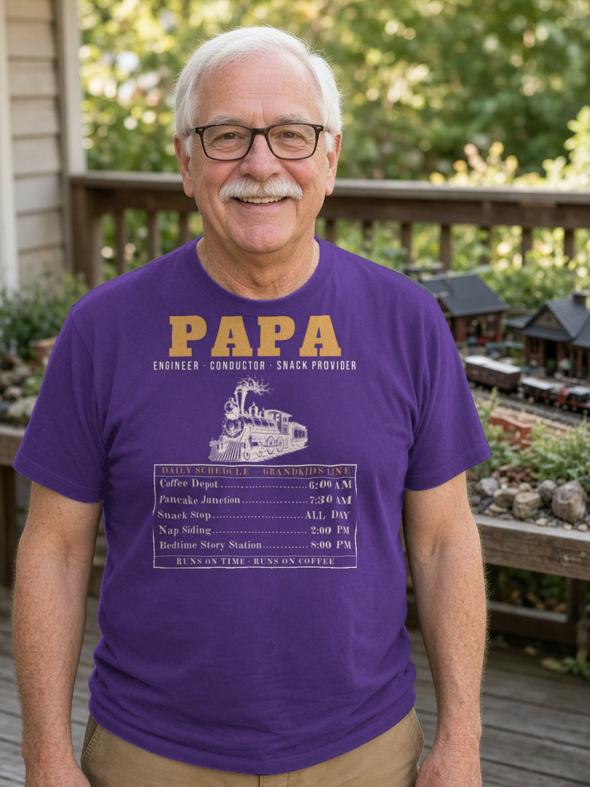 Papa: Engineer, Conductor, Snack Provider Tee - Team Purple
