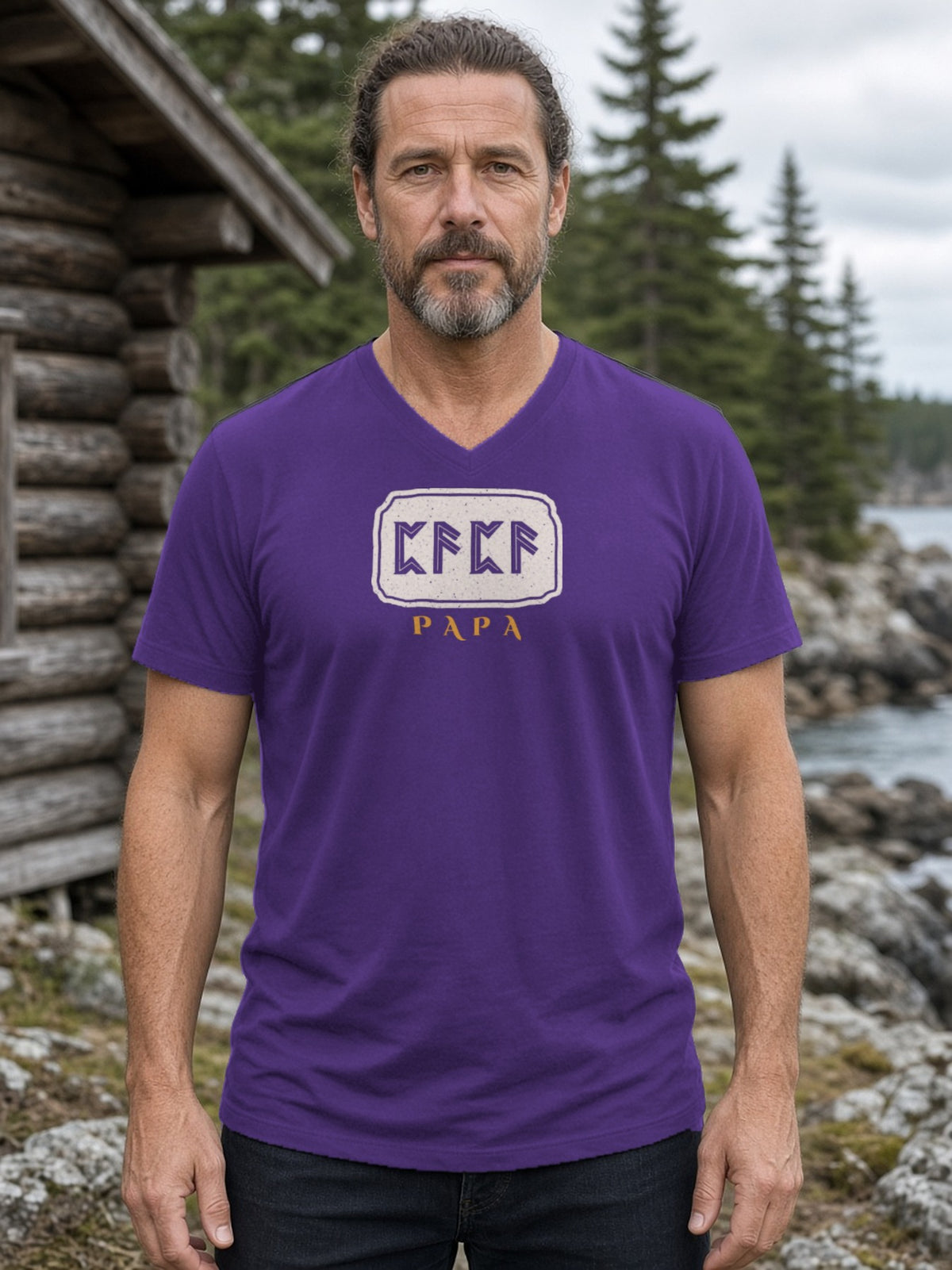 PAPA in Runes Carved Stone V-Neck Tee - Team Purple