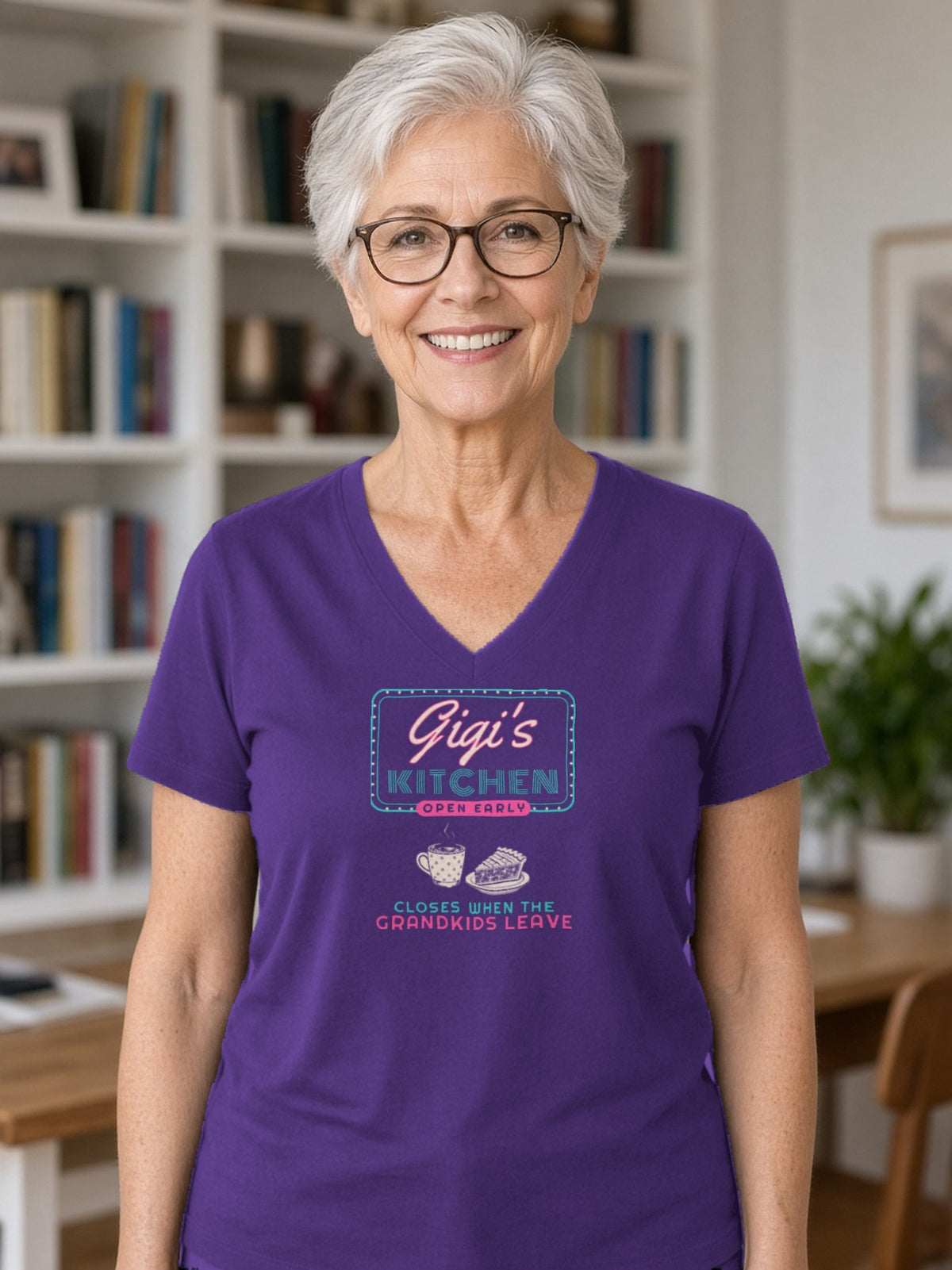 Gigi's Kitchen Retro Diner Sign V-Neck Tee - Team Purple