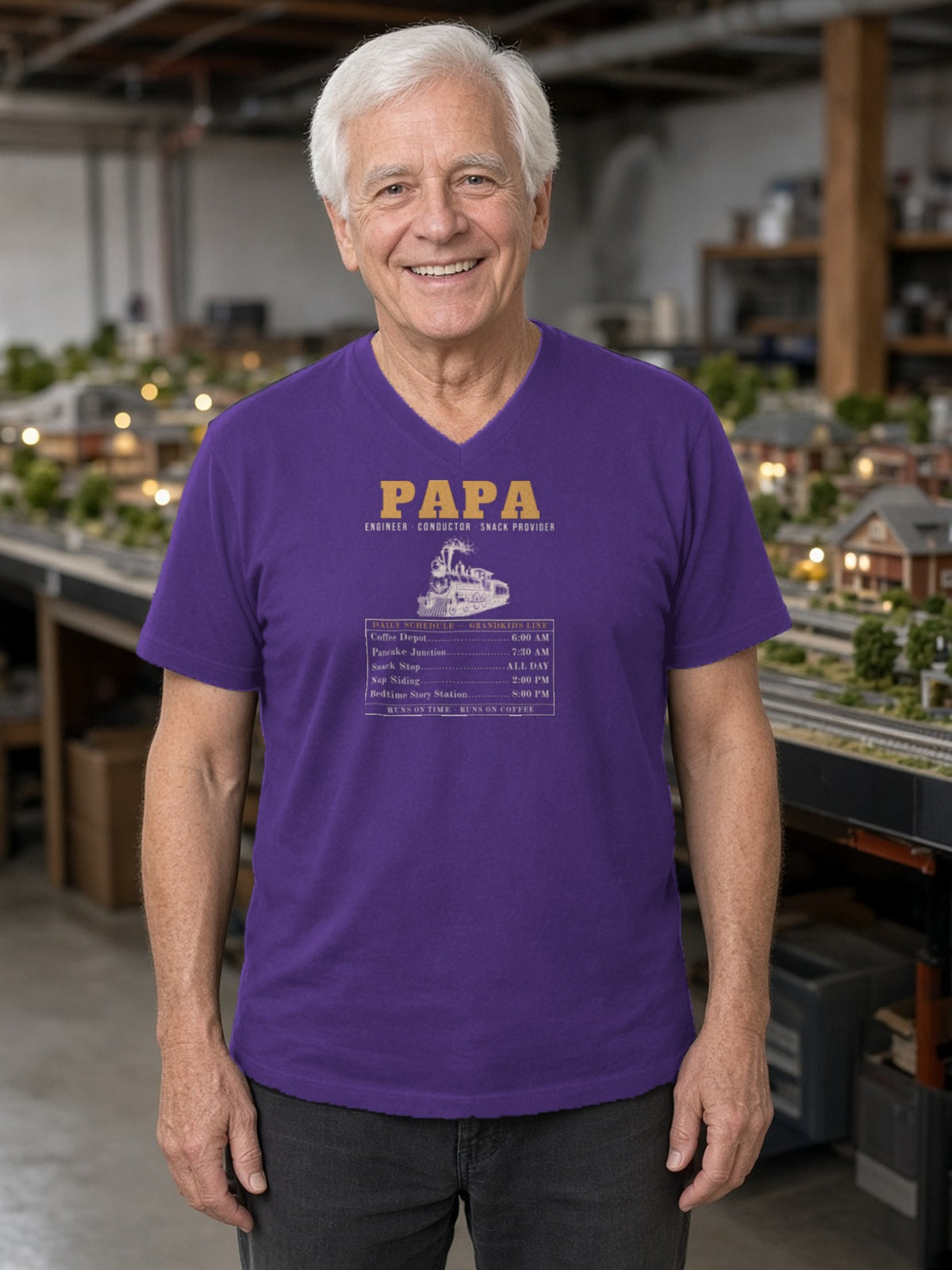 Papa: Engineer, Conductor, Snack Provider V-Neck Tee - Team Purple