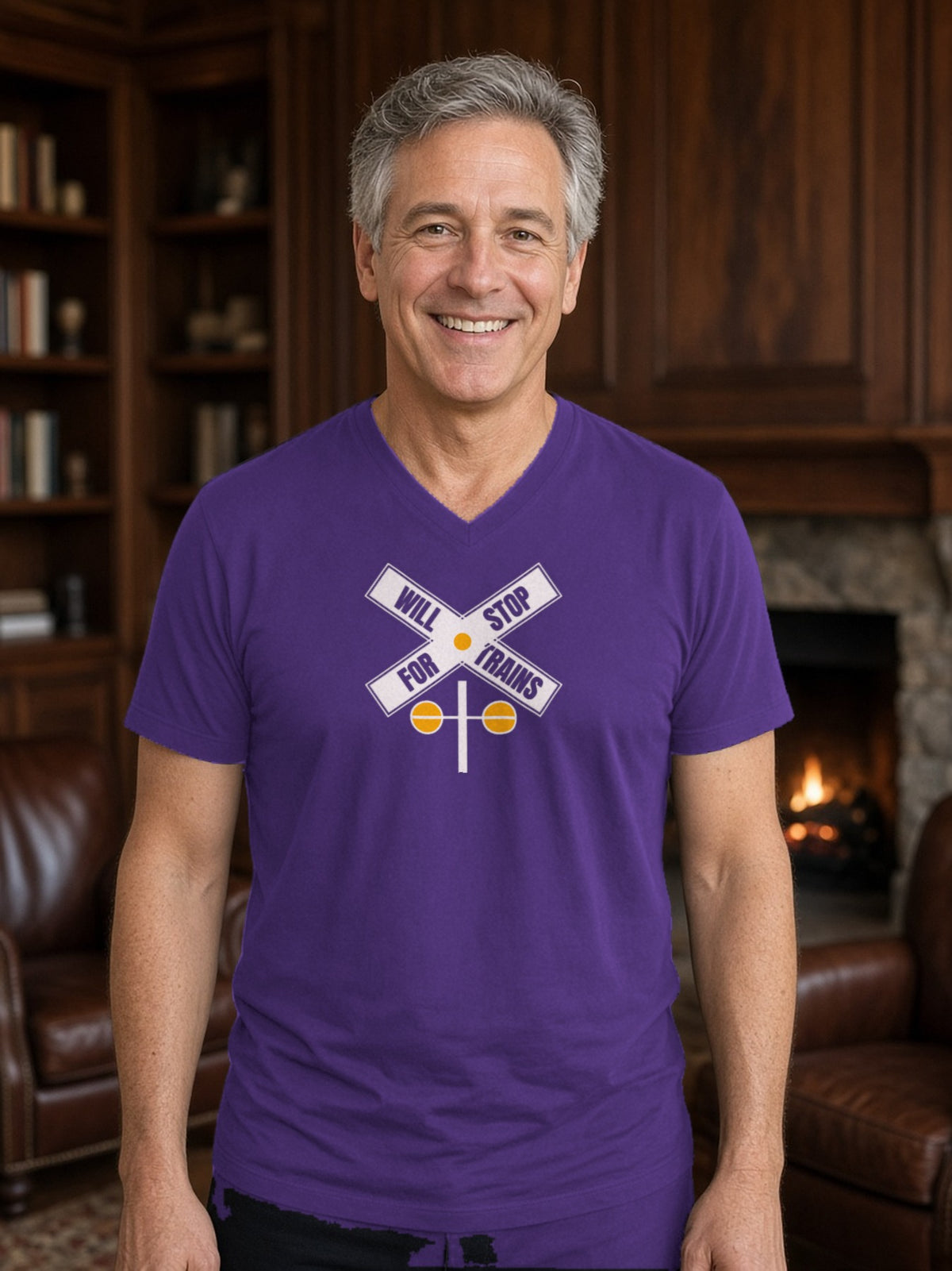 Will Stop For Trains V-Neck Tee - Team Purple