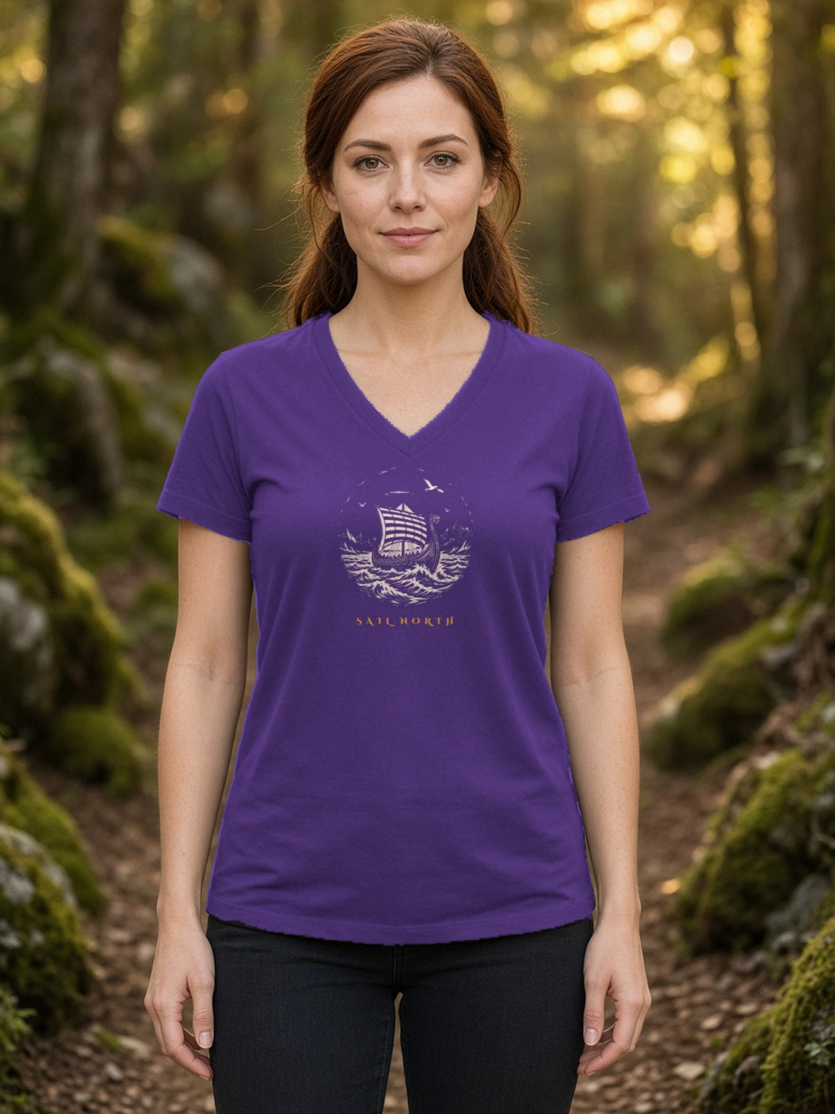 Sail North Longship Woodcut V-Neck Tee - Team Purple