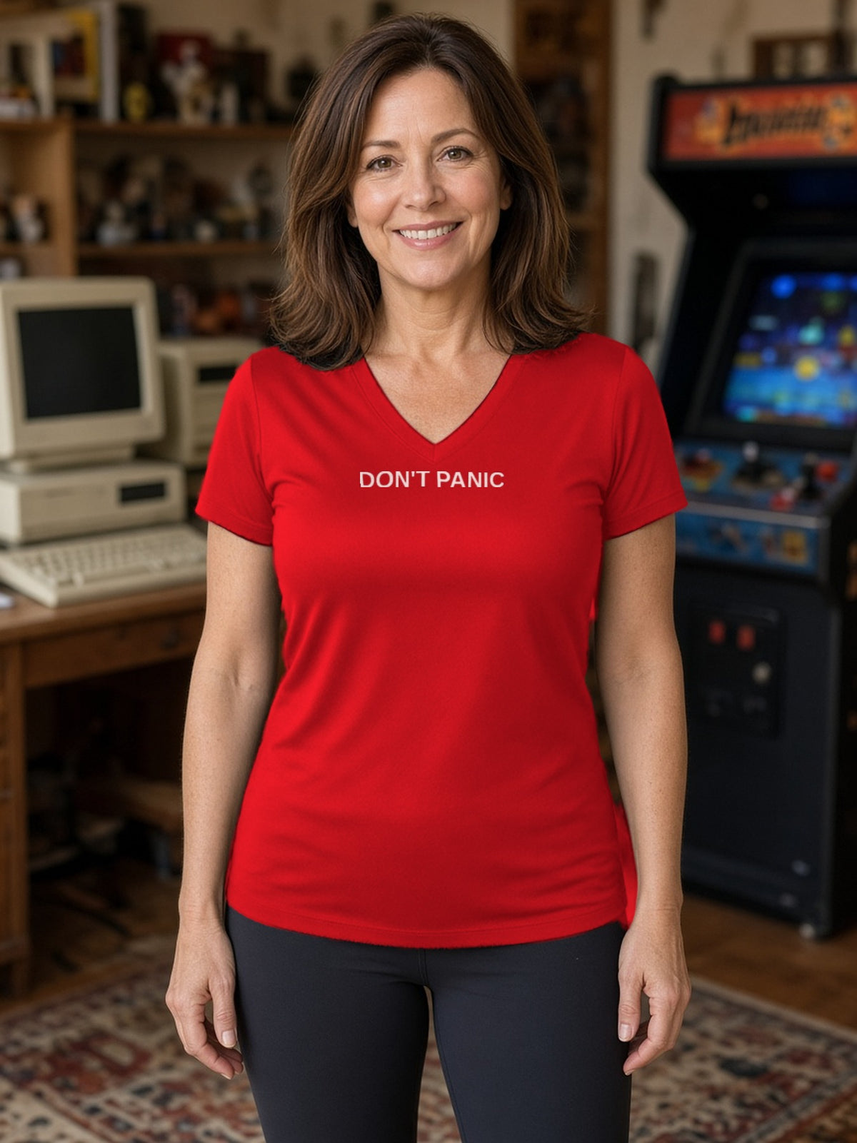 DON'T PANIC Women's V-Neck Tee (Polyester) - True Red