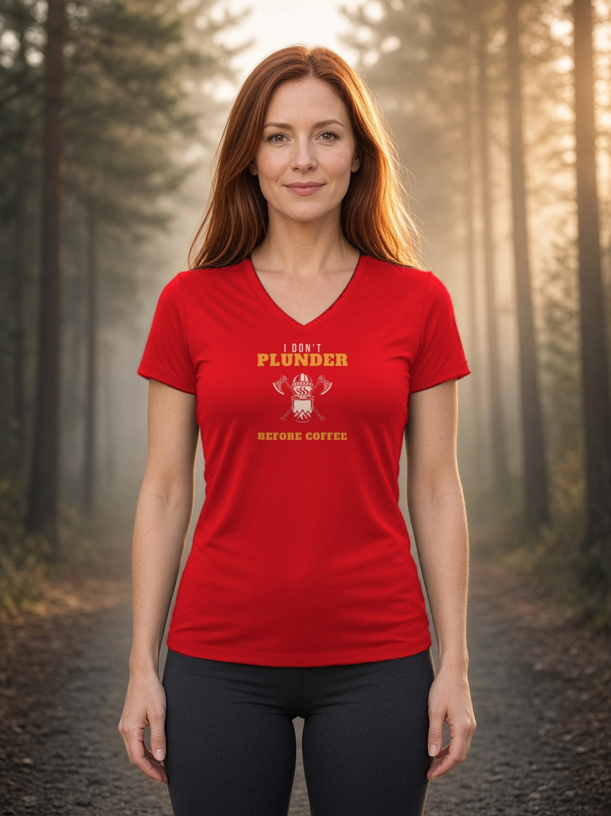 I Don't Plunder Before Coffee Viking Women's V-Neck Tee (Polyester) - True Red