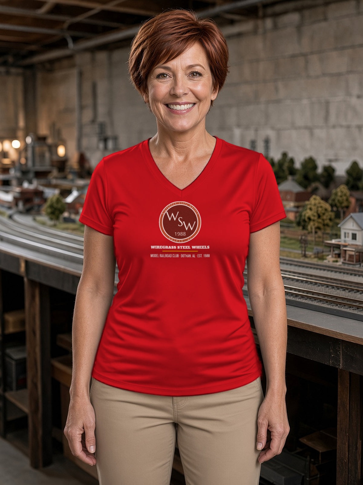Wiregrass Layout Women's V-Neck Tee (Polyester) - True Red