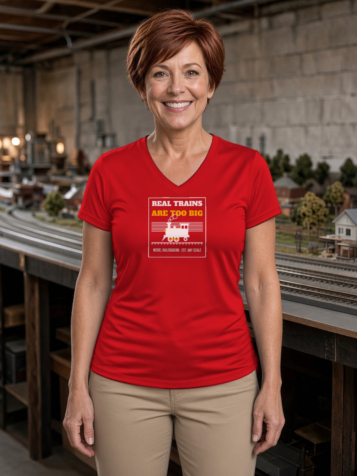 Real Trains Were Too Big Women's V-Neck Tee (Polyester) - True Red