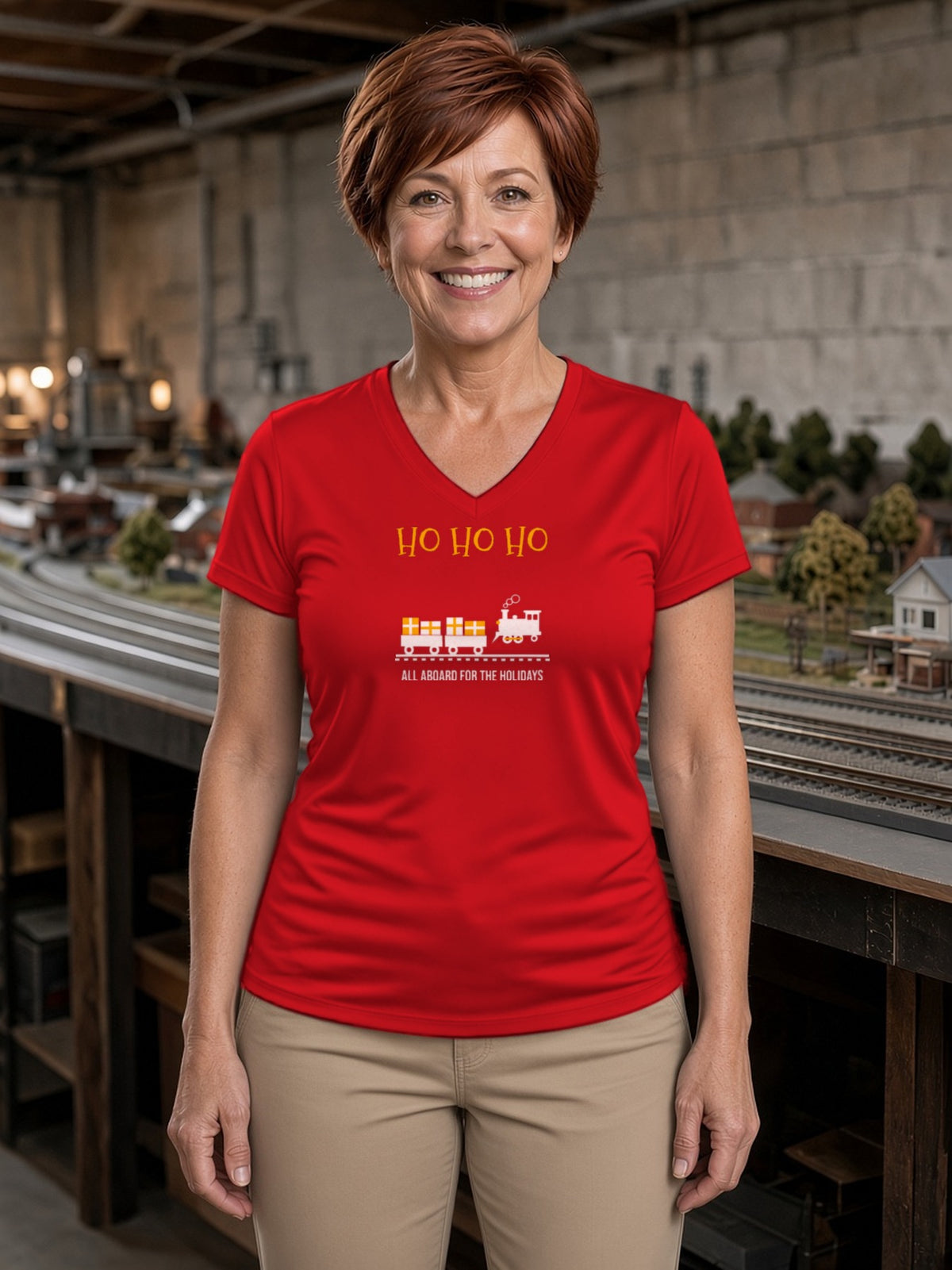 HO HO HO Model Railroad Women's V-Neck Tee (Polyester) - True Red