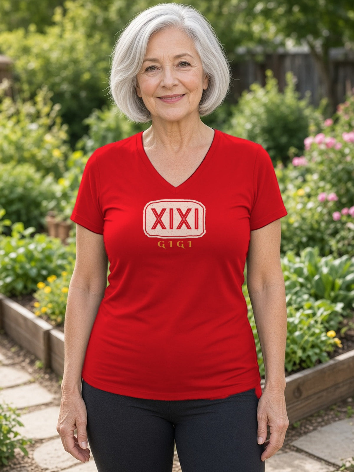 GIGI in Runes Carved Stone Women's V-Neck Tee (Polyester) - True Red