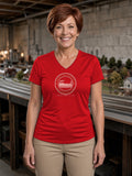 Peanut Belt Express Railroad Herald Women's V-Neck Tee (Polyester) - True Red