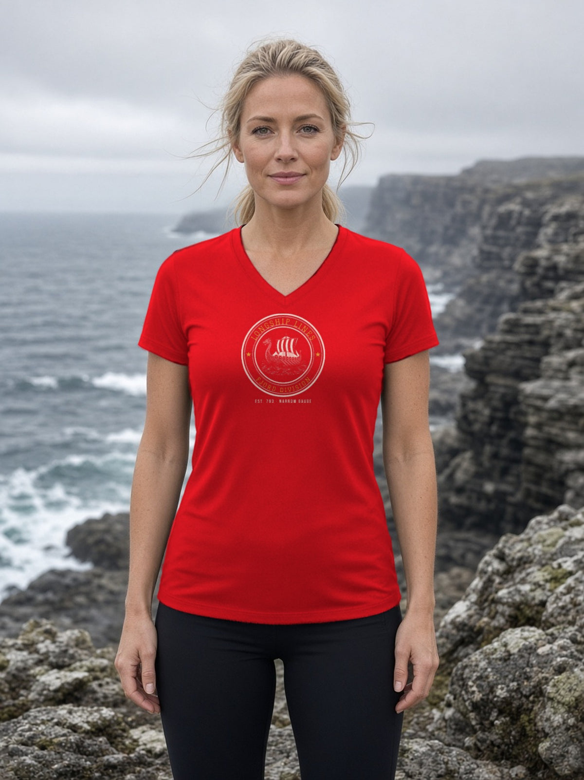 Longship Lines Railroad Herald Women's V-Neck Tee (Polyester) - True Red