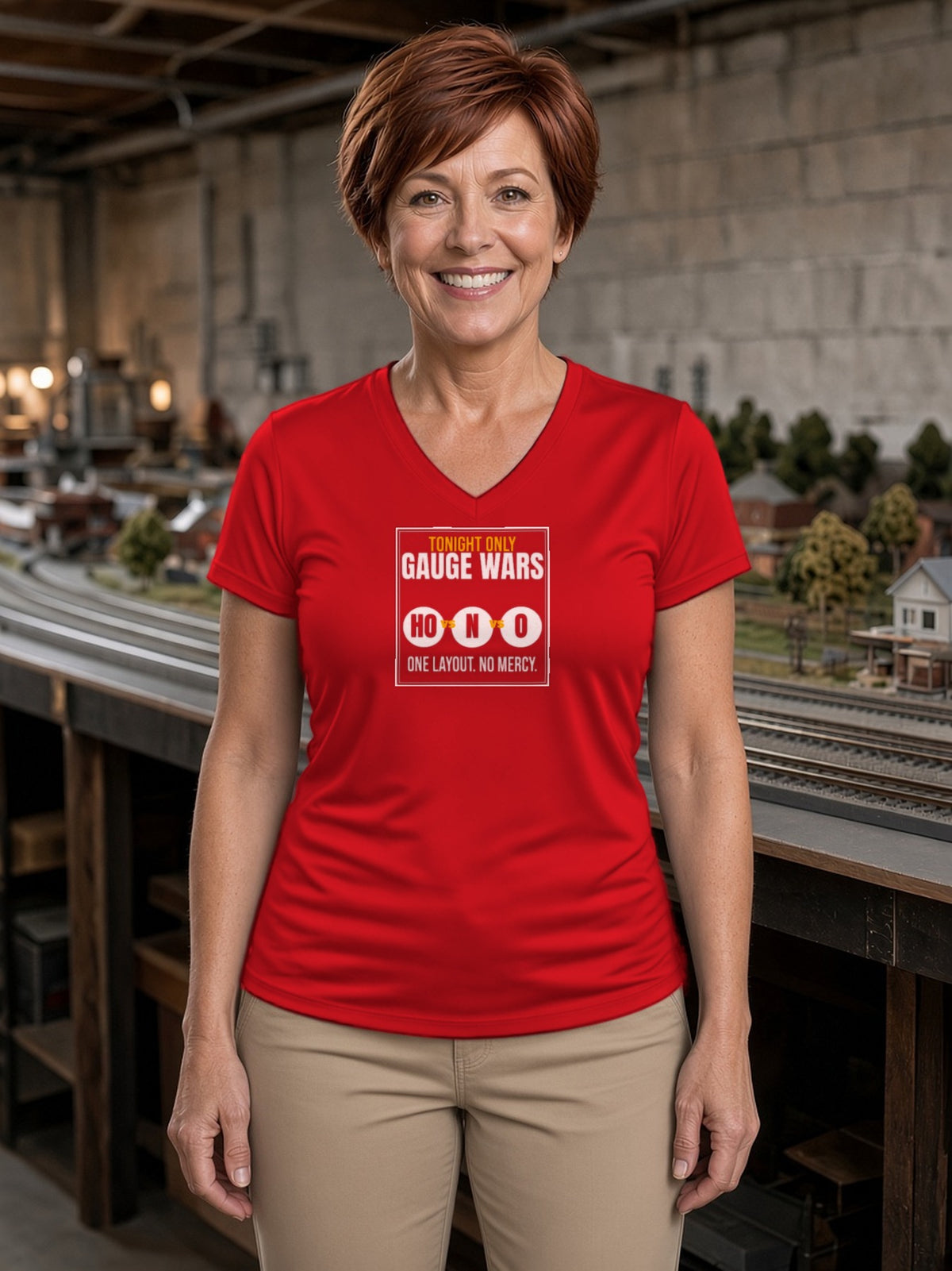 Gauge Wars Women's V-Neck Tee (Polyester) - True Red