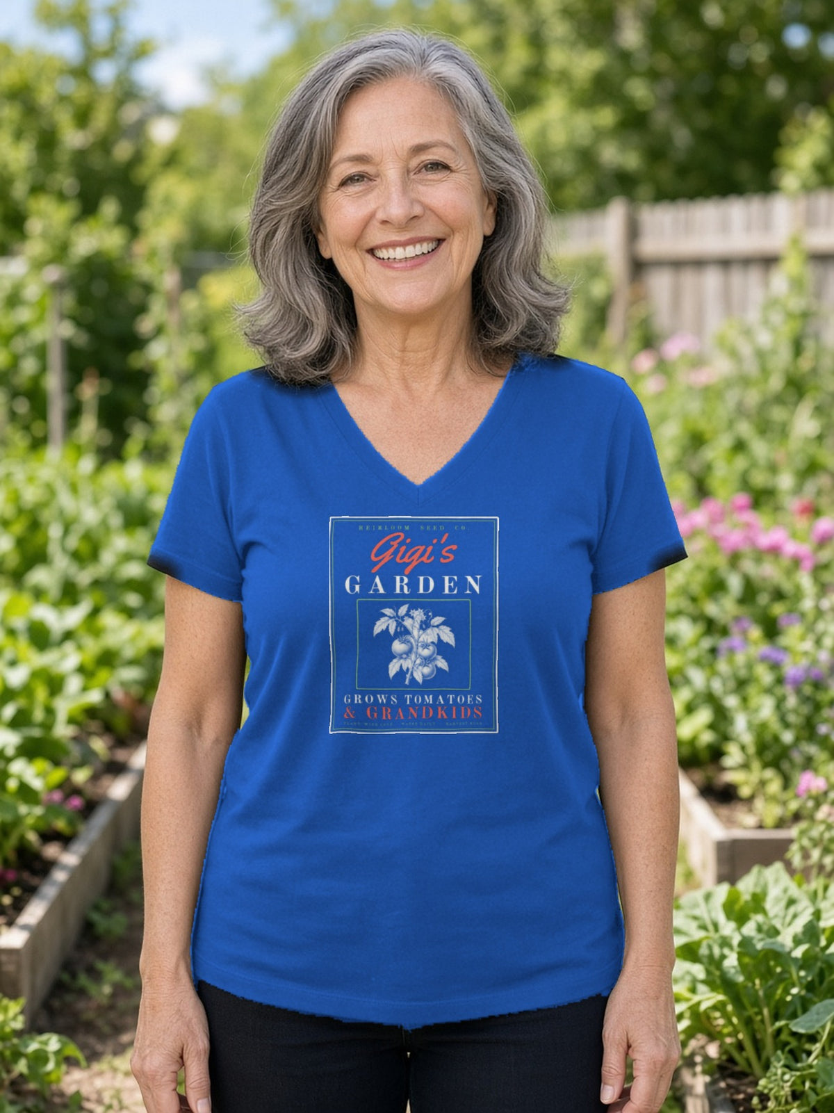 Gigi's Garden Seed Packet V-Neck Tee - True Royal
