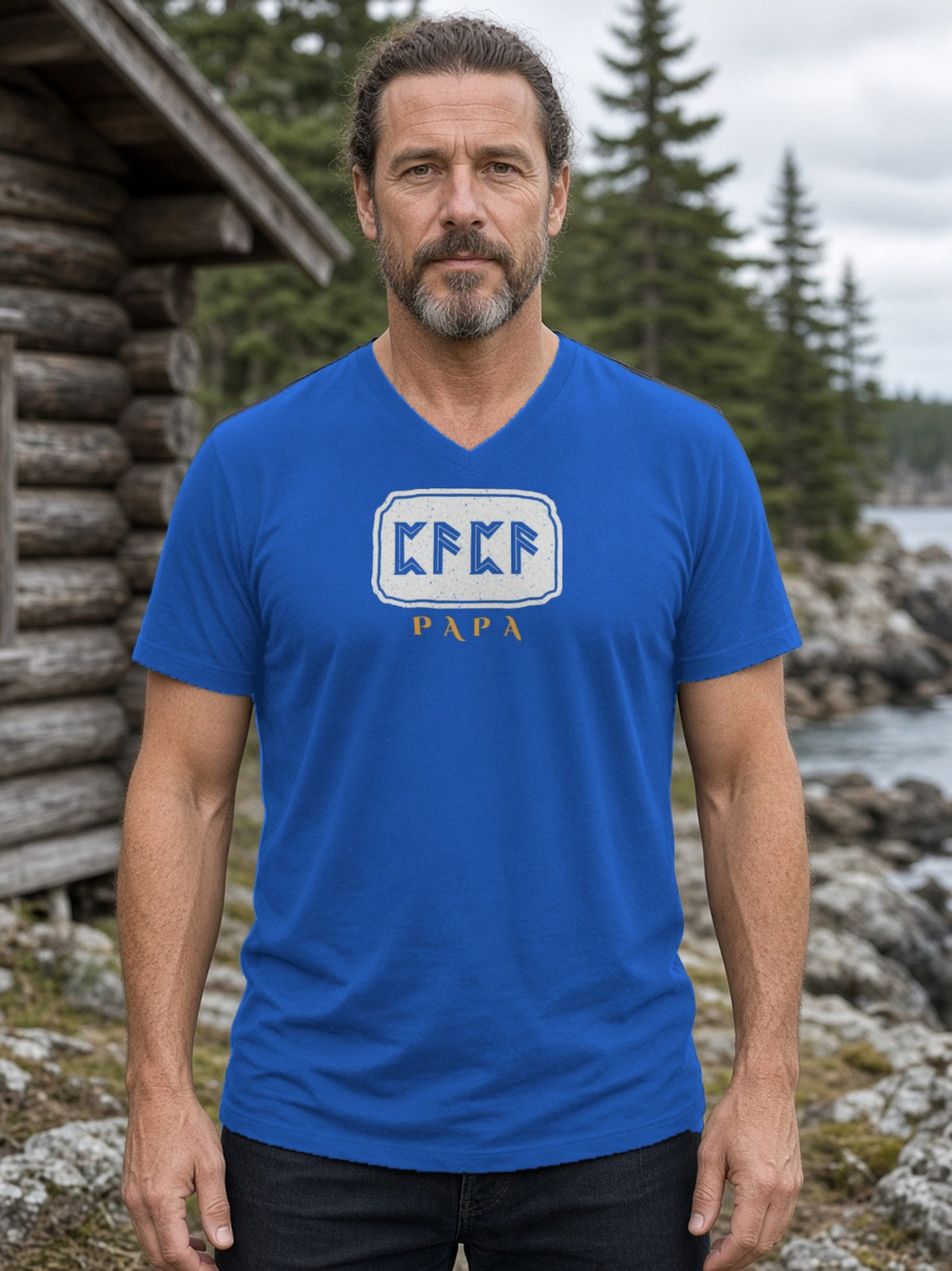 PAPA in Runes Carved Stone V-Neck Tee - True Royal