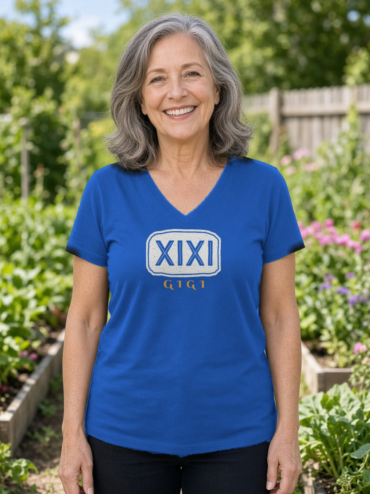 GIGI in Runes Carved Stone V-Neck Tee - True Royal