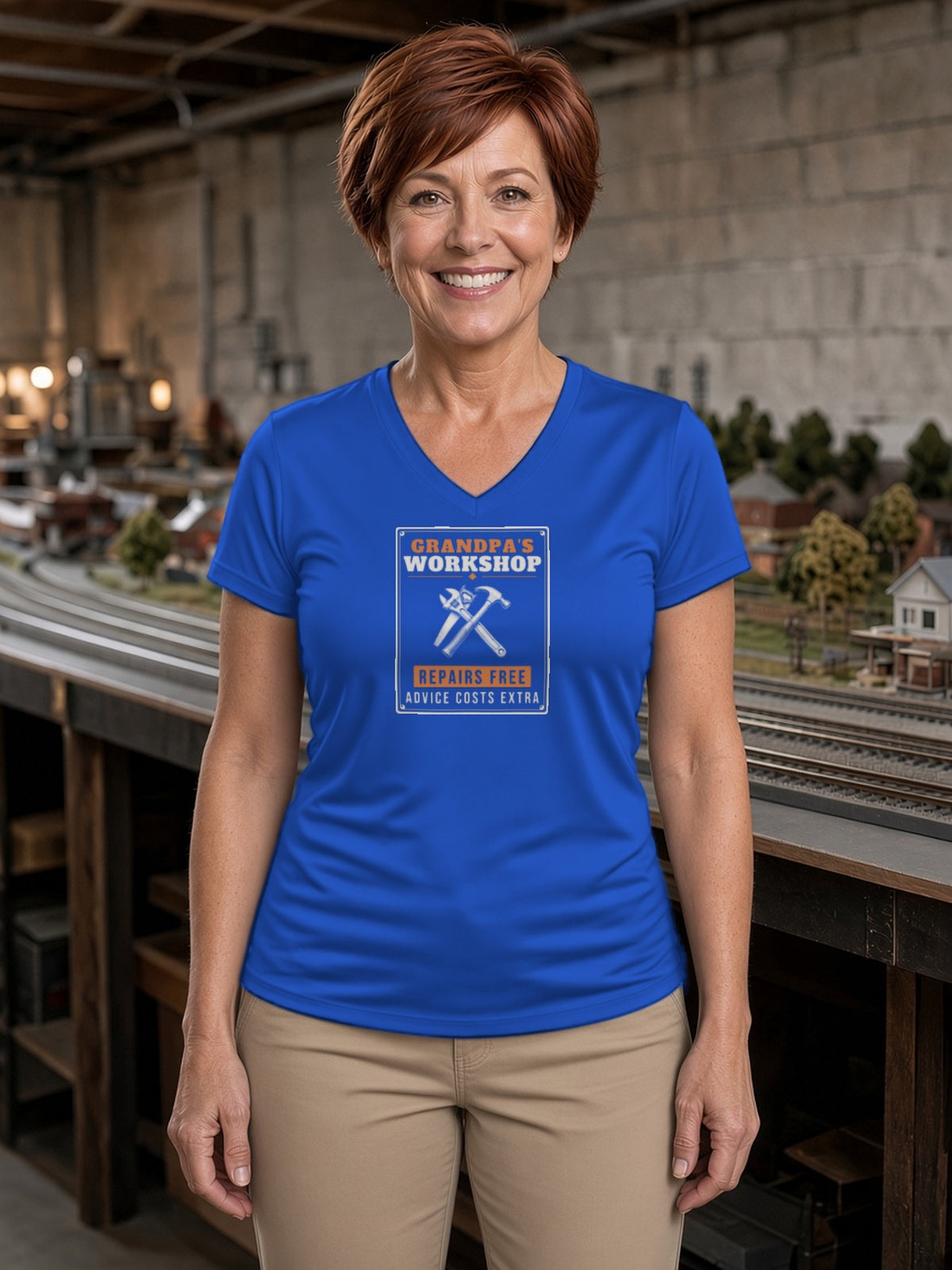 Grandpa's Workshop Tin Sign Women's V-Neck Tee (Polyester) - True Royal