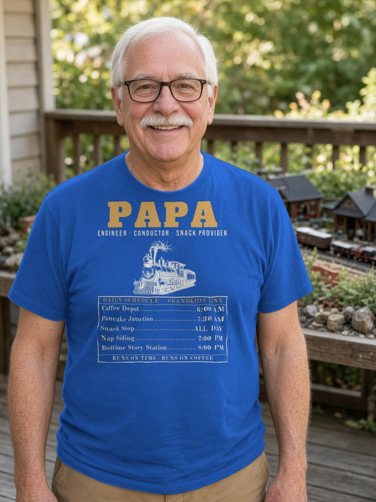 Papa: Engineer, Conductor, Snack Provider Tee - True Royal