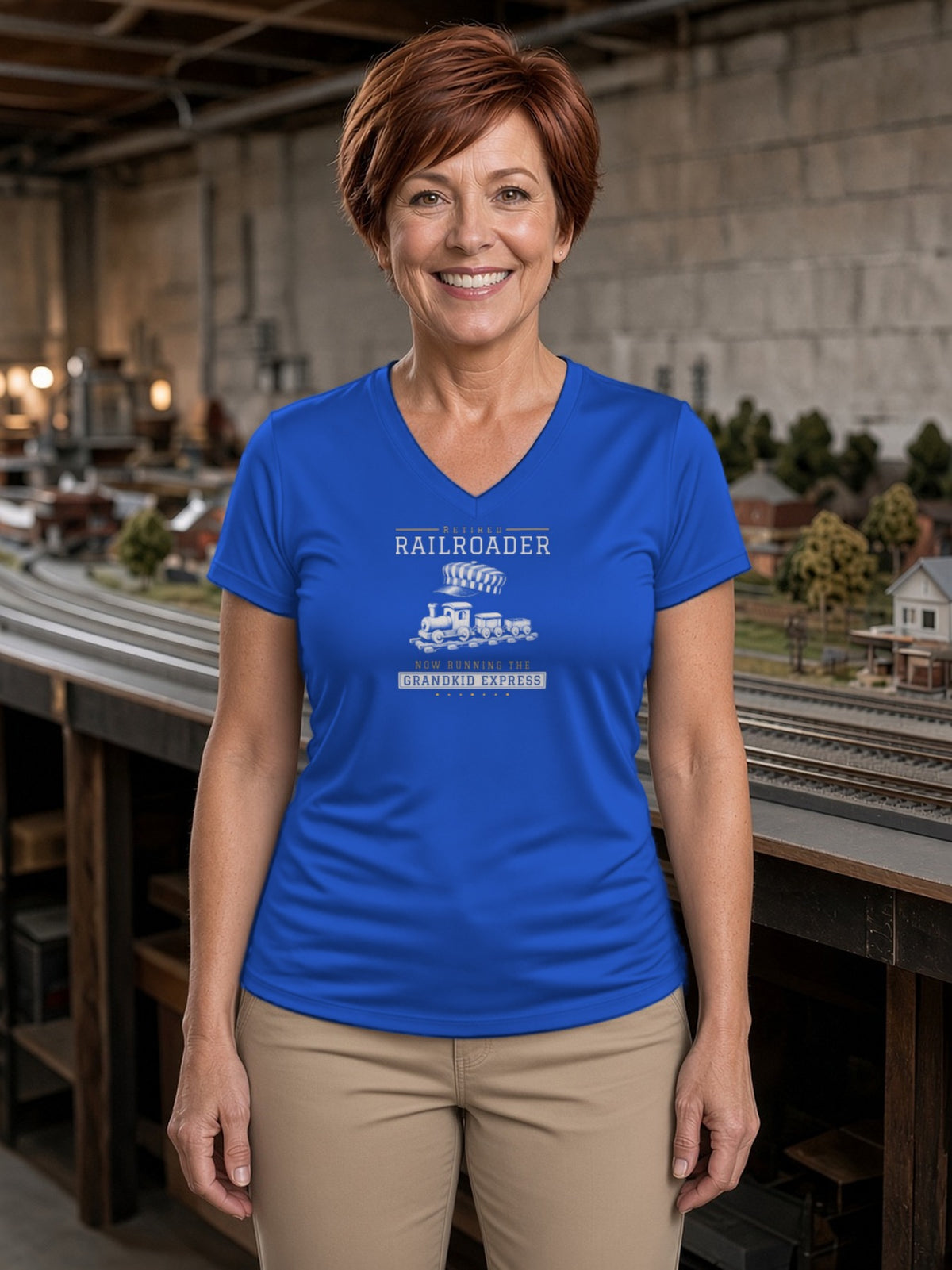 Retired Railroader Grandkid Express Women's V-Neck Tee (Polyester) - True Royal