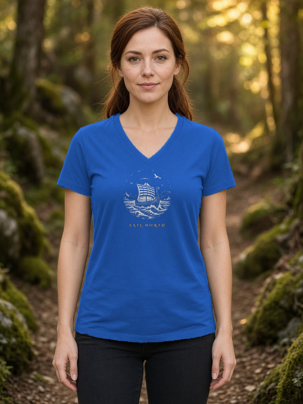Sail North Longship Woodcut V-Neck Tee - True Royal