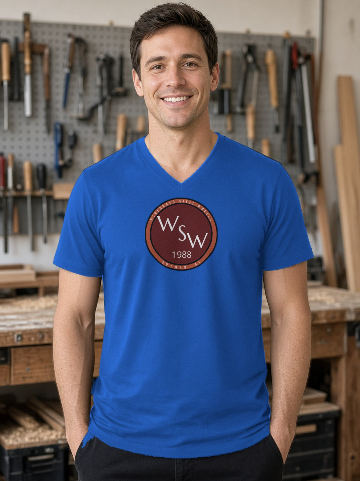 Wiregrass Steel Wheels V-Neck Tee - True Royal