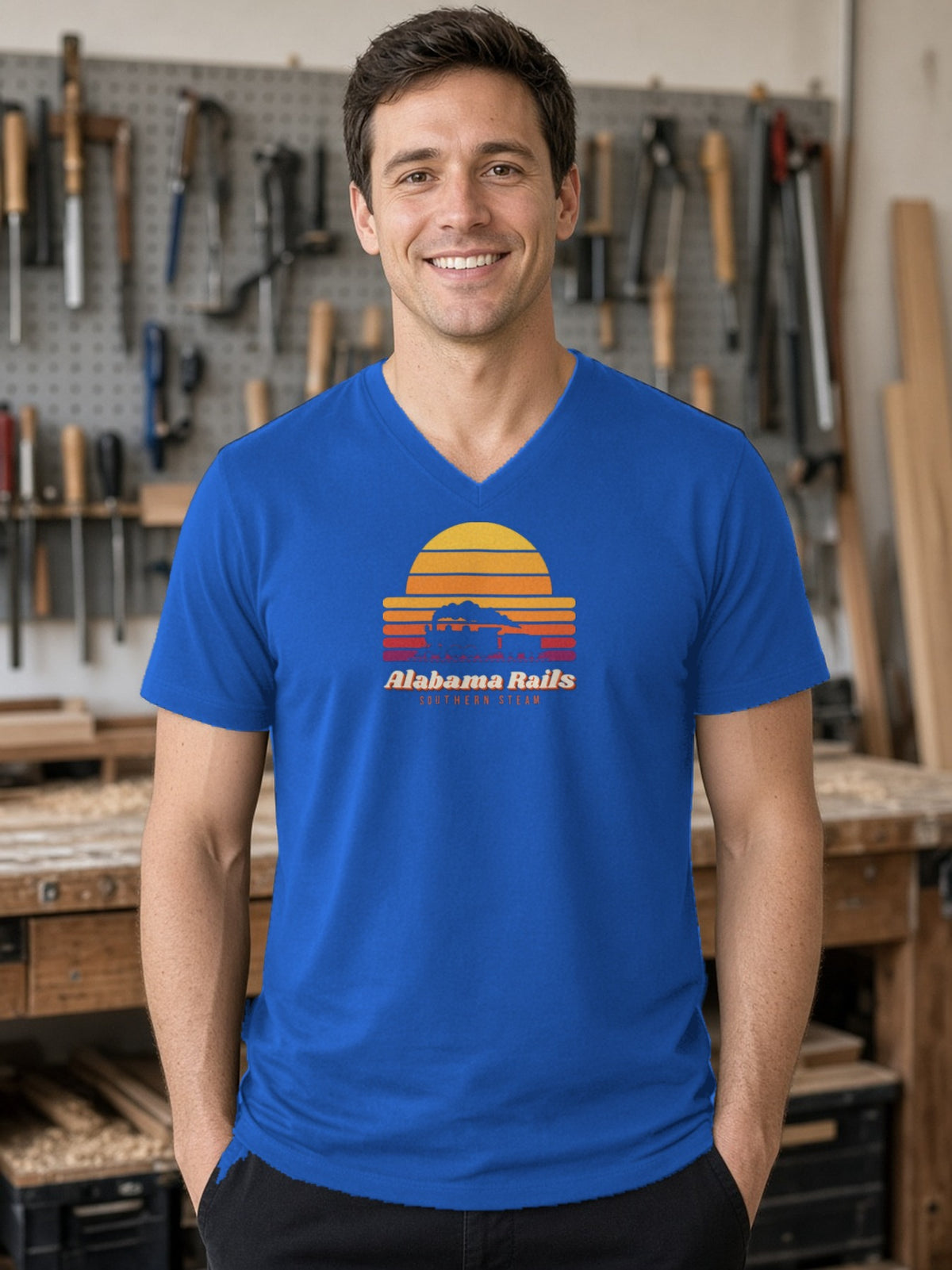 Southern Steam Sunset Alabama Rails V-Neck Tee - True Royal
