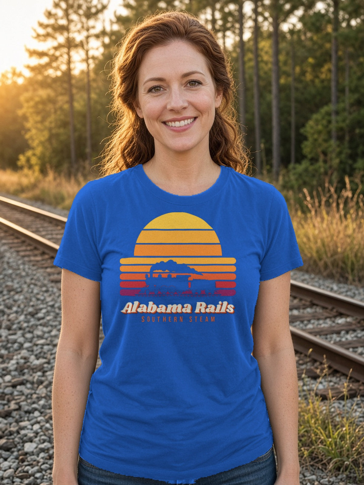 Southern Steam Sunset Alabama Rails Tee - True Royal