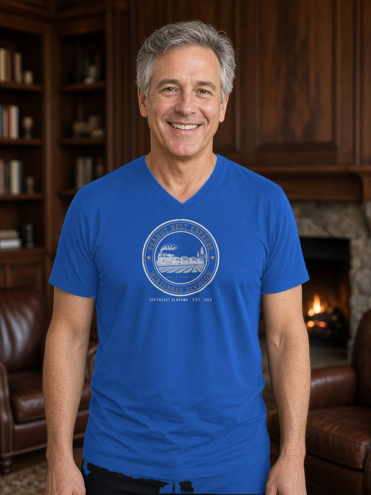 Peanut Belt Express Railroad Herald V-Neck Tee - True Royal