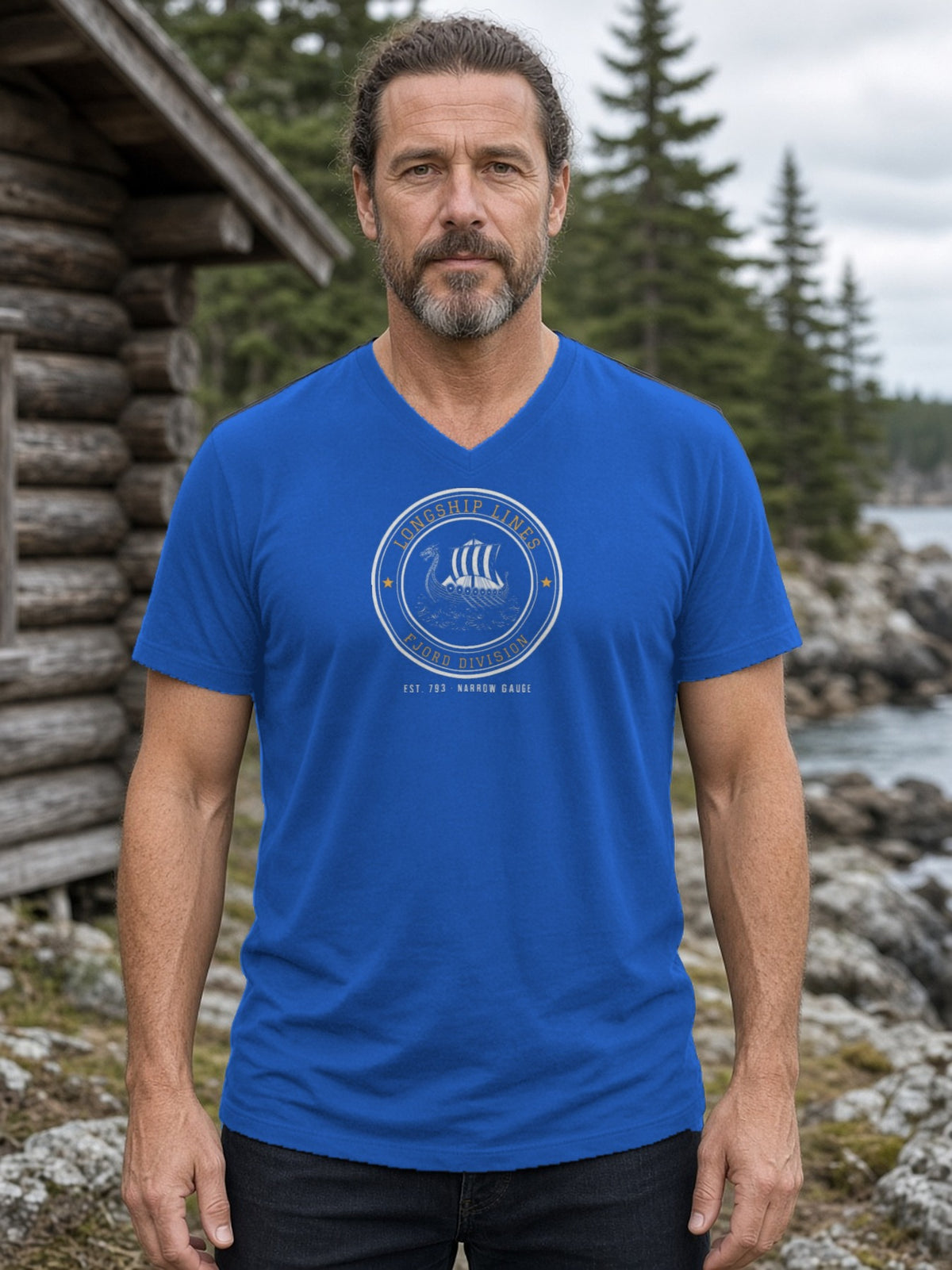 Longship Lines Railroad Herald V-Neck Tee - True Royal