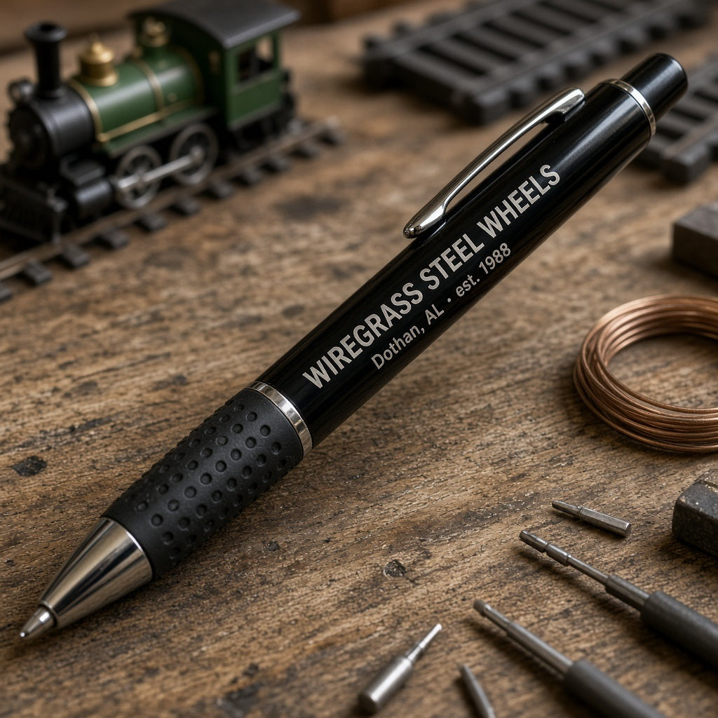 Wiregrass Steel Wheels Engraved Click Pen – Gloss Black
