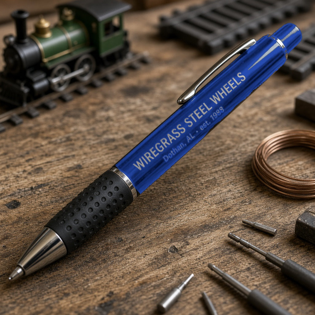 Wiregrass Steel Wheels Engraved Click Pen – Gloss Blue