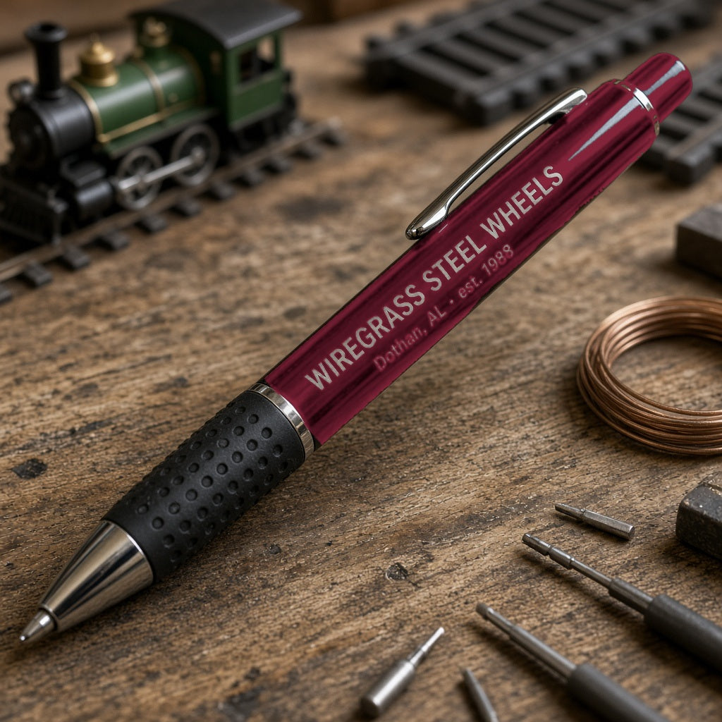 Wiregrass Steel Wheels Engraved Click Pen – Gloss Burgundy