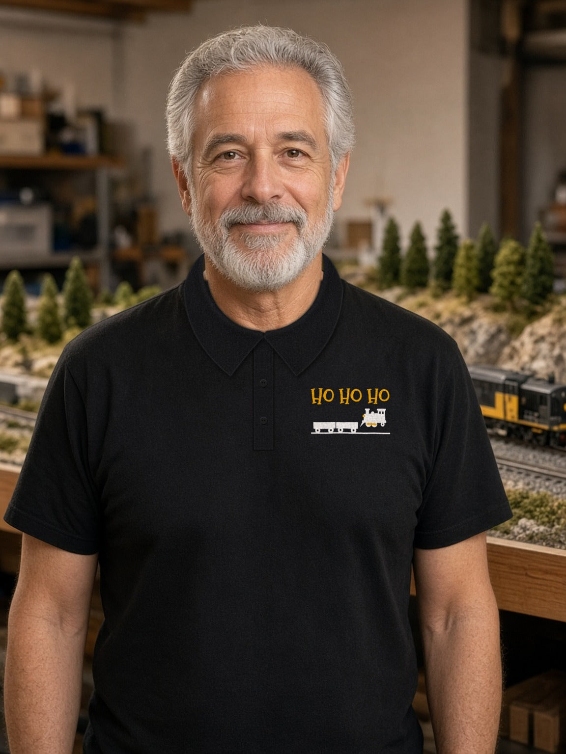 HO HO HO Model Railroad Performance Polo – Black