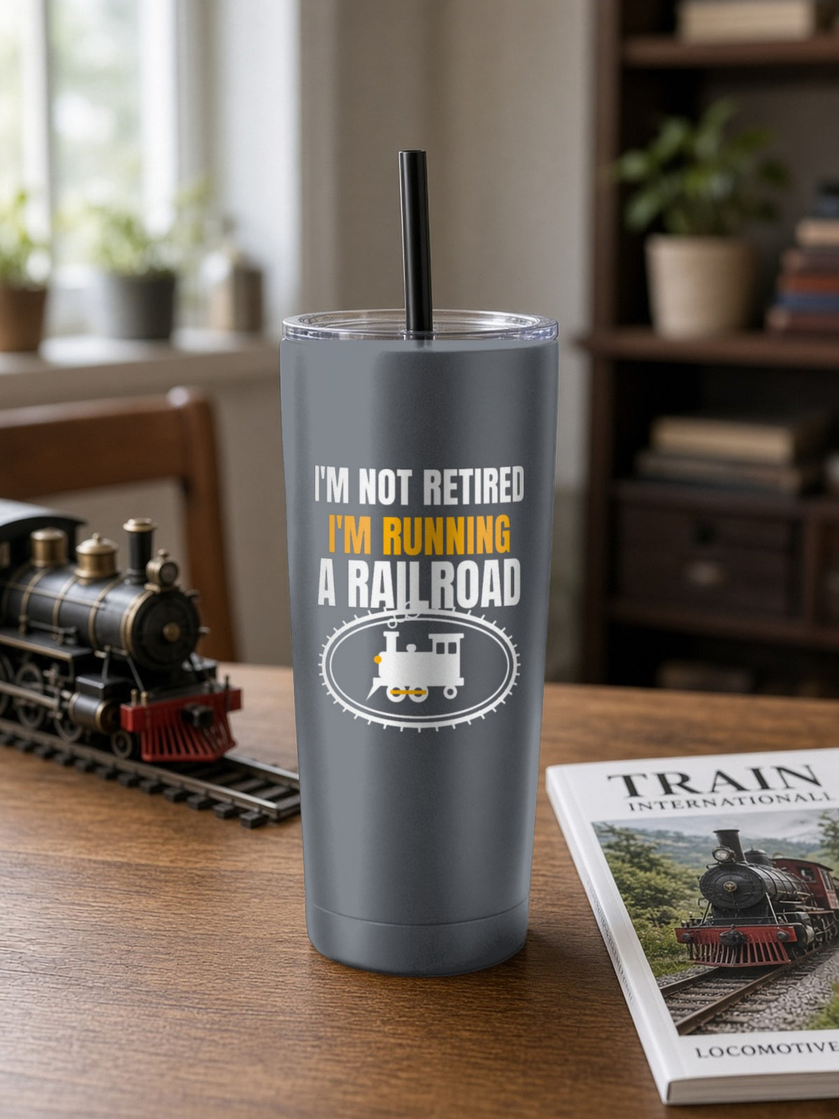 Not Retired, Just Model Railroading Full Time Insulated Tumbler 20oz – Iron Gray