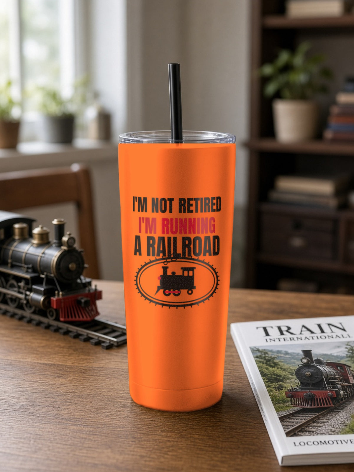 Not Retired, Just Model Railroading Full Time Insulated Tumbler 20oz – Orange