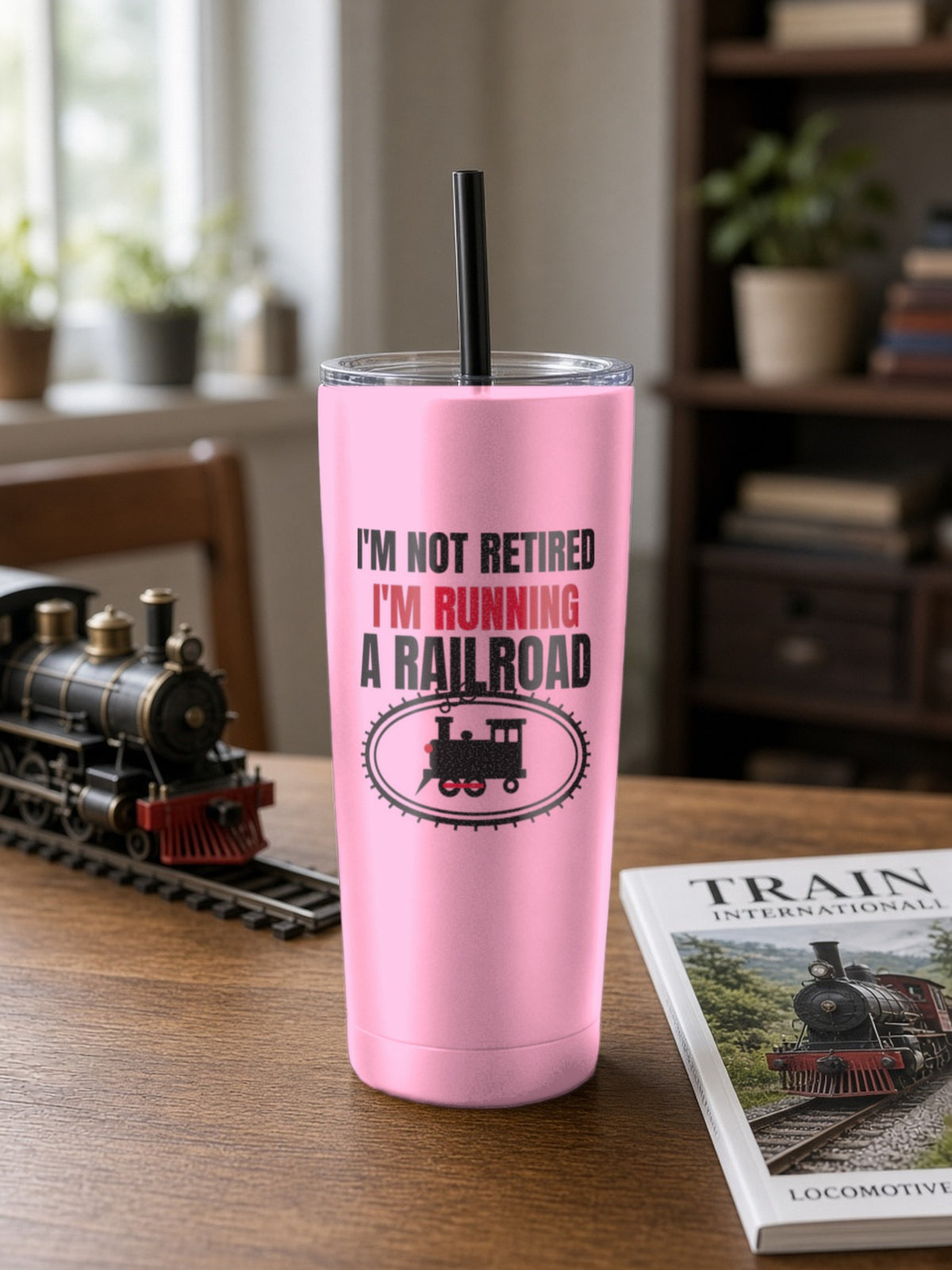 Not Retired, Just Model Railroading Full Time Insulated Tumbler 20oz – Pink