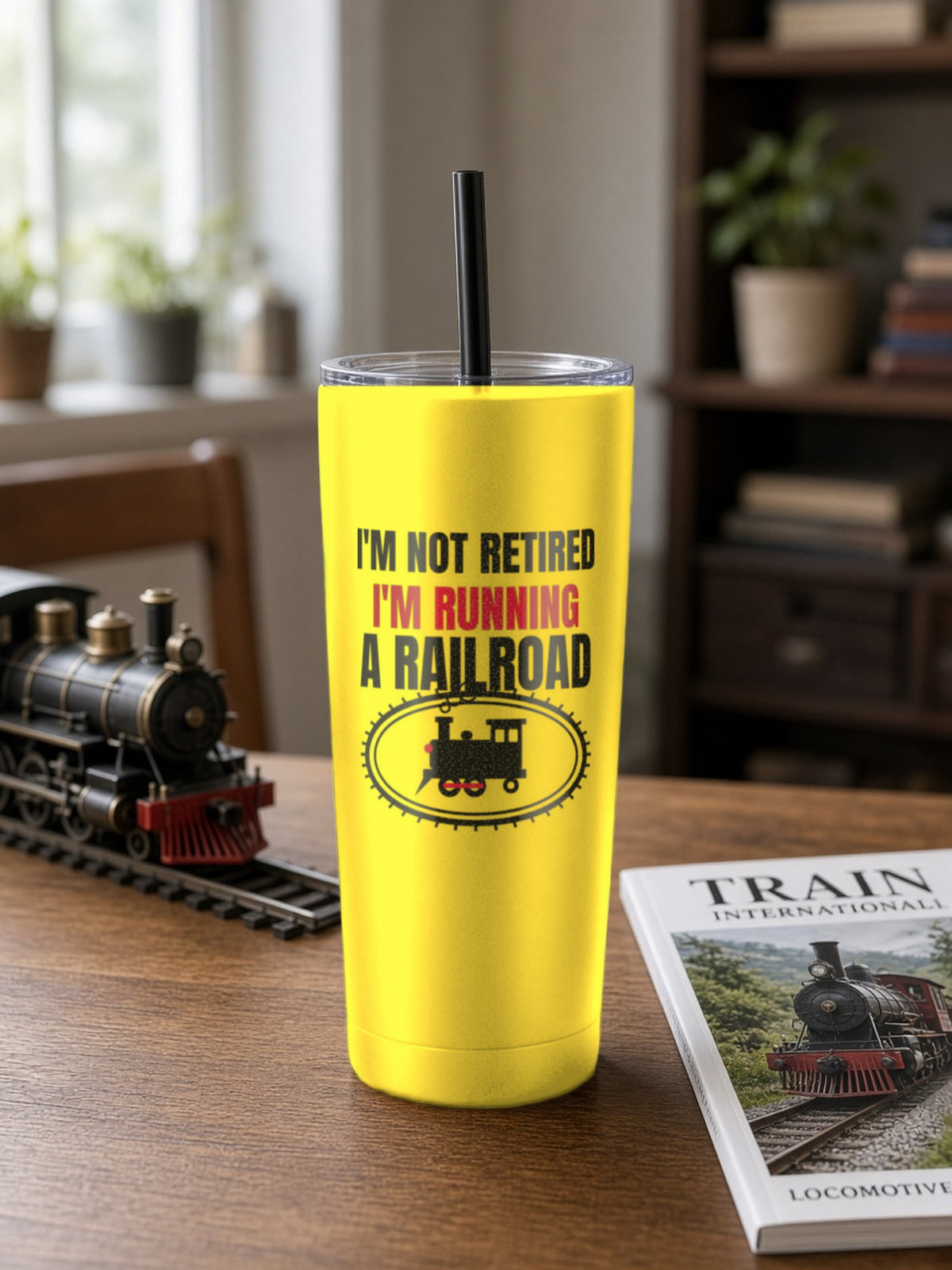 Not Retired, Just Model Railroading Full Time Insulated Tumbler 20oz – Yellow