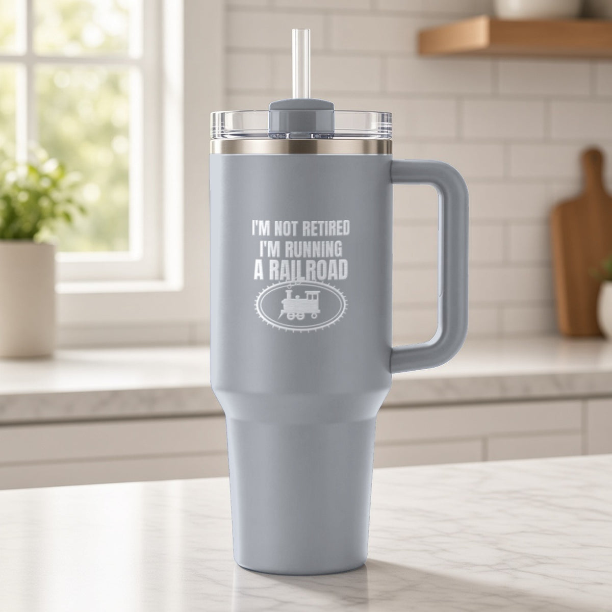 Not Retired, Just Model Railroading Full Time Insulated Tumbler 40oz Engraved – Gray