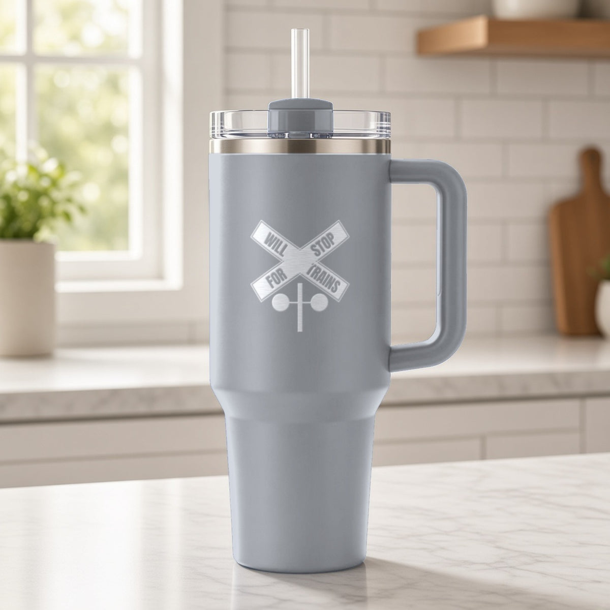 Will Stop For Trains Insulated Tumbler 40oz Engraved – Gray