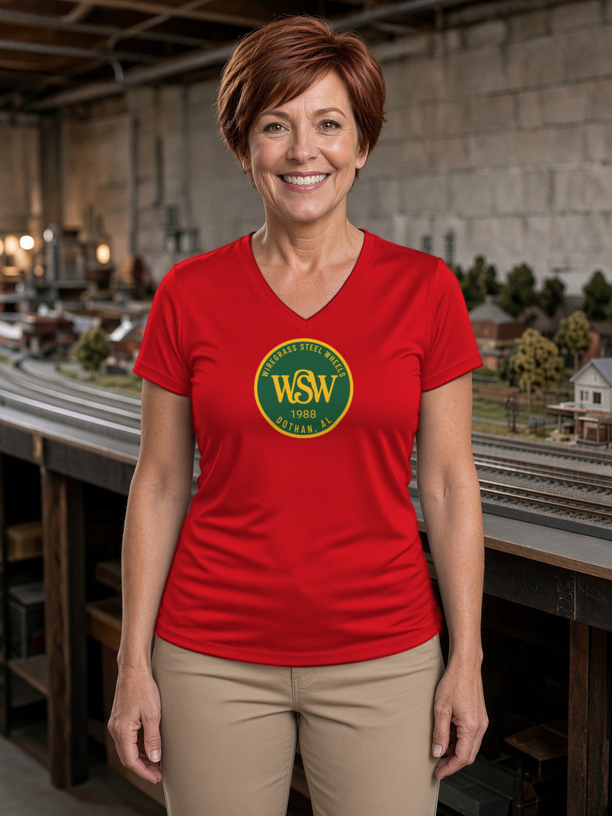 Wiregrass Steel Wheels Women's V-Neck Tee (Polyester) – True Red