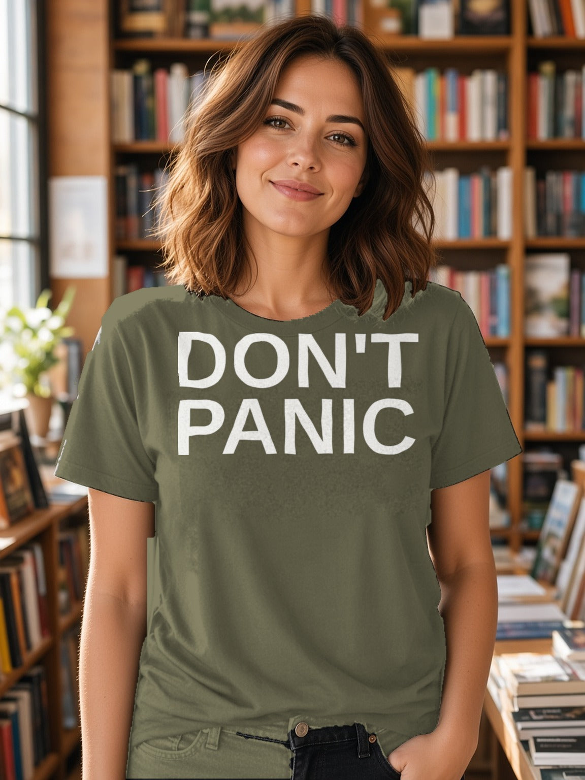 DON'T PANIC Big Text Tee – Army