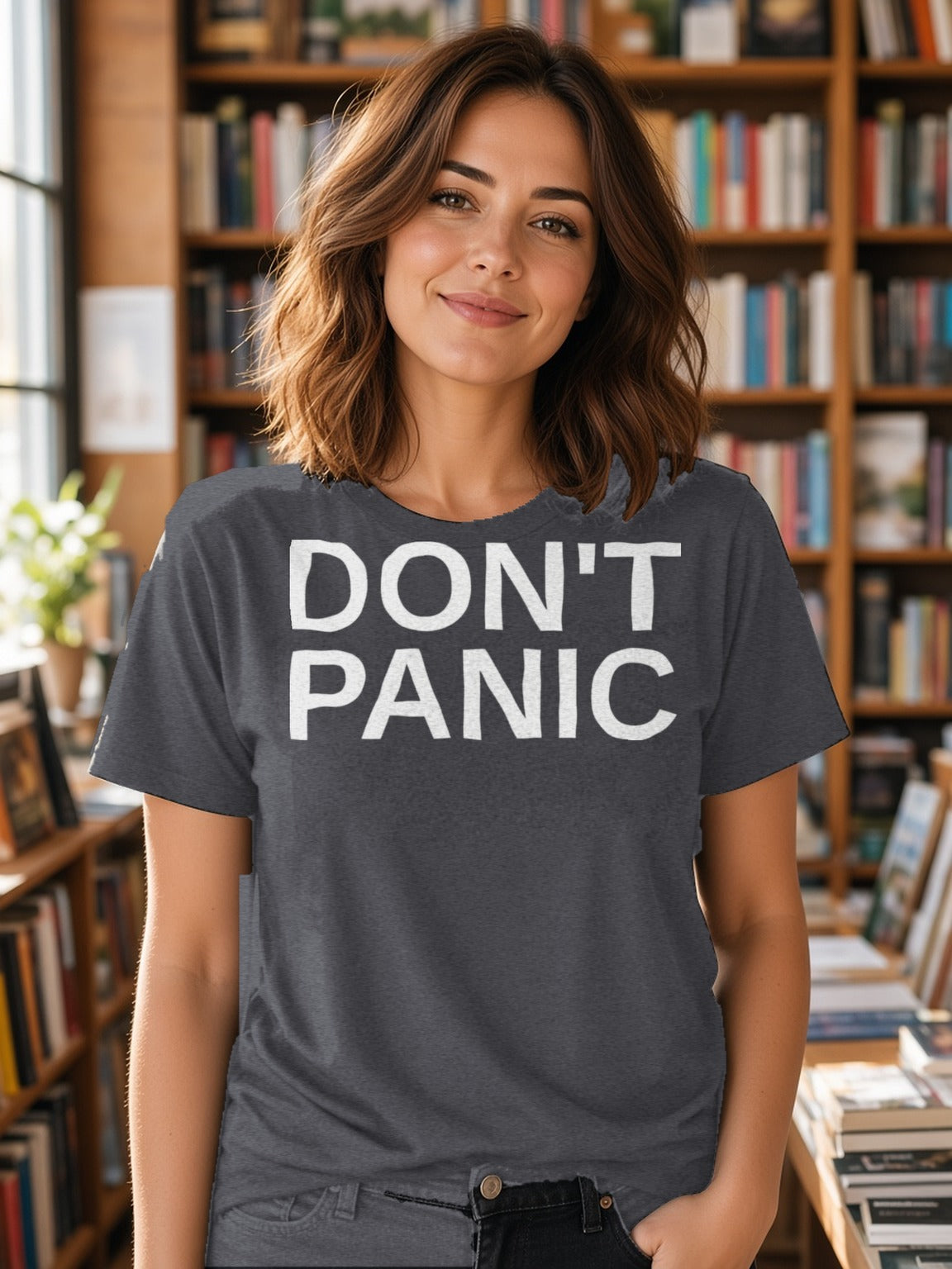 DON'T PANIC Big Text Tee – Dark Grey Heather