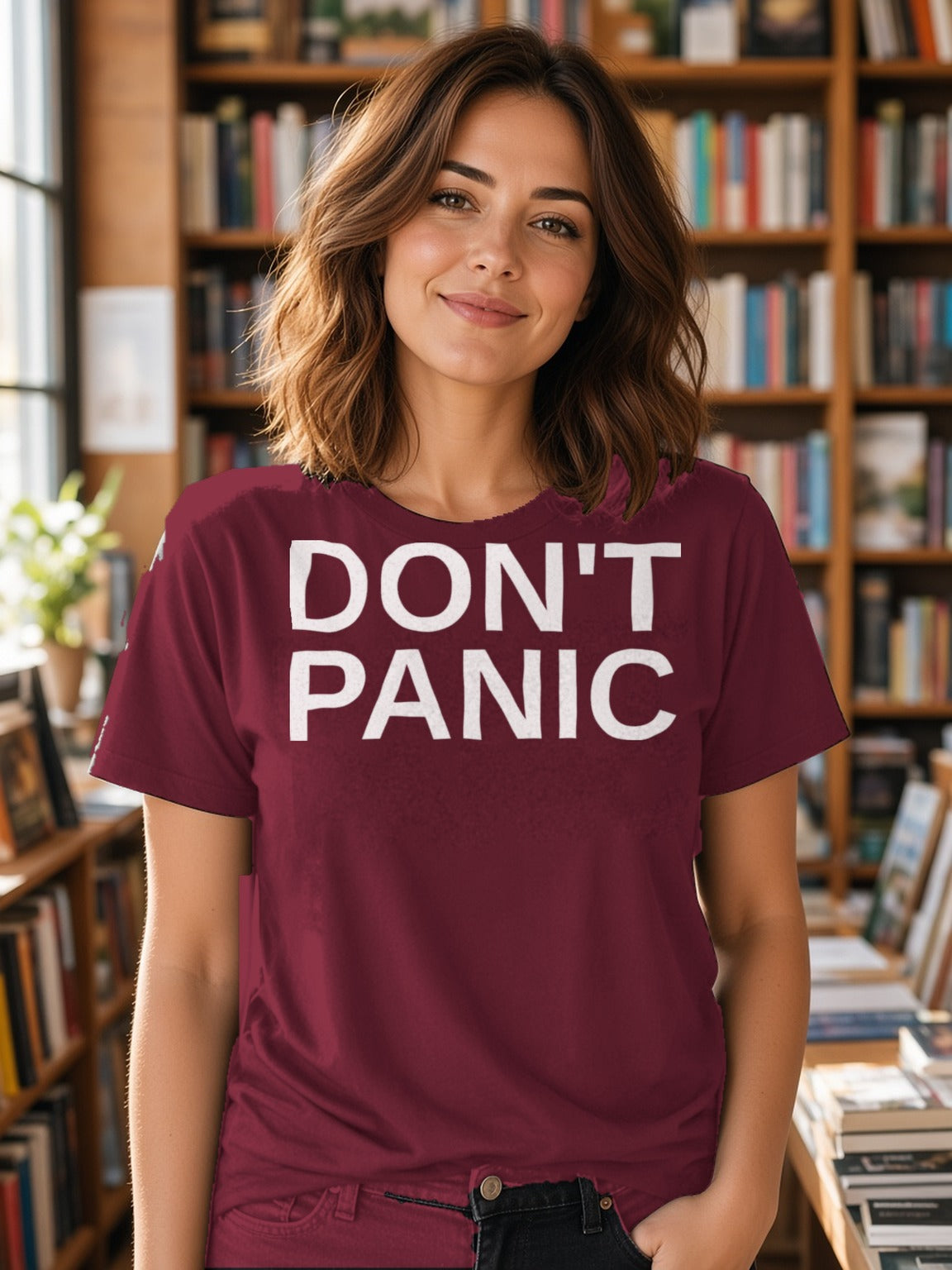 DON'T PANIC Big Text Tee – Maroon
