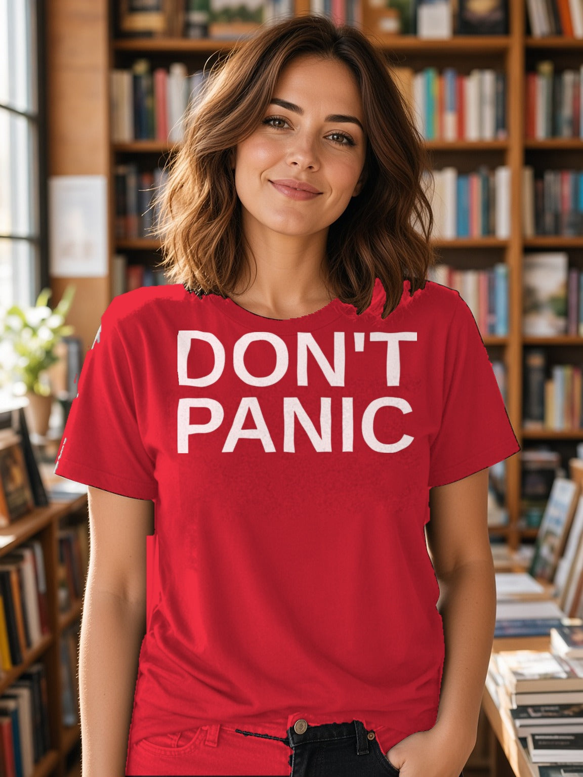 DON'T PANIC Big Text Tee – Red