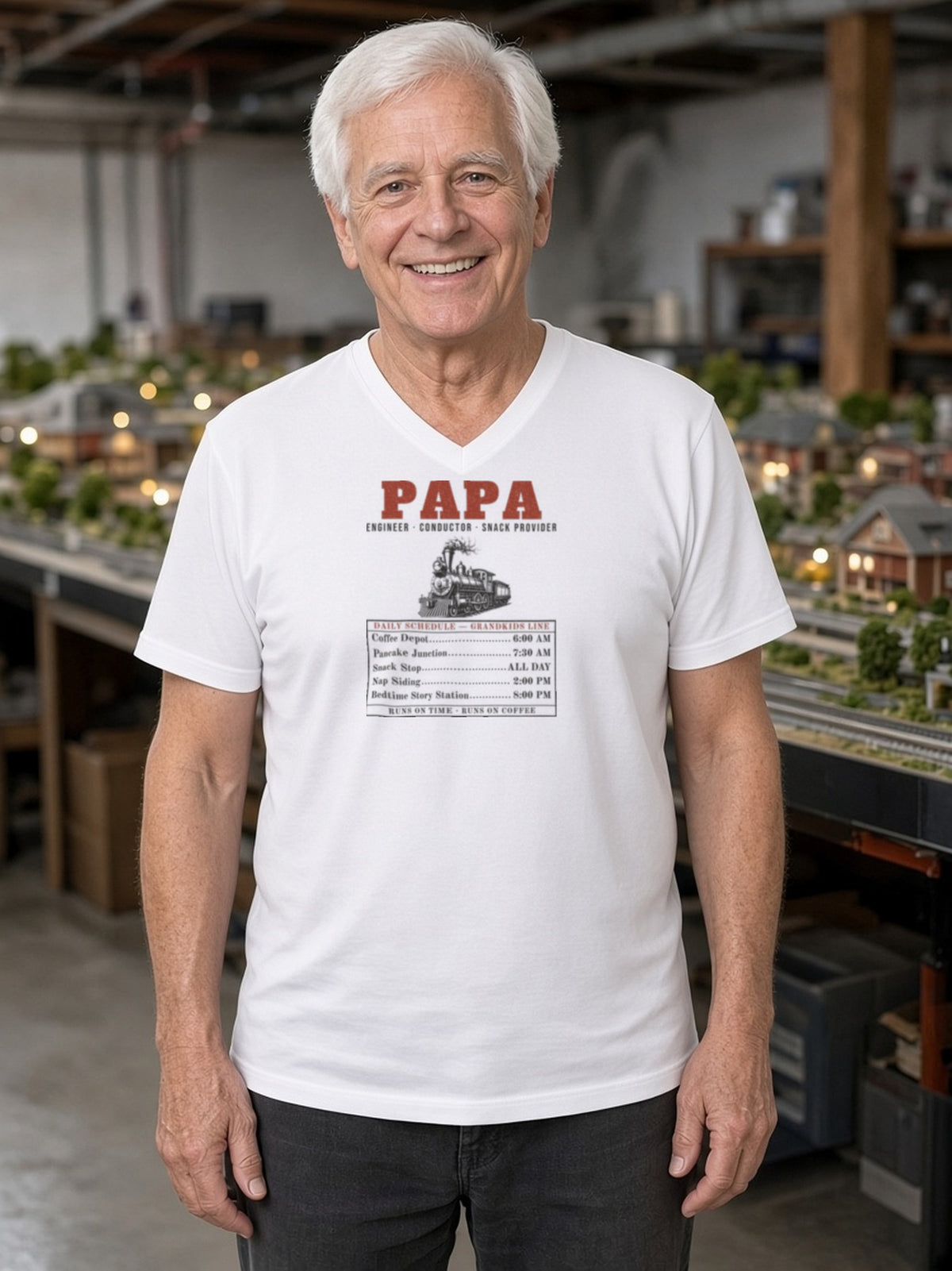 Papa: Engineer, Conductor, Snack Provider V-Neck Tee - White