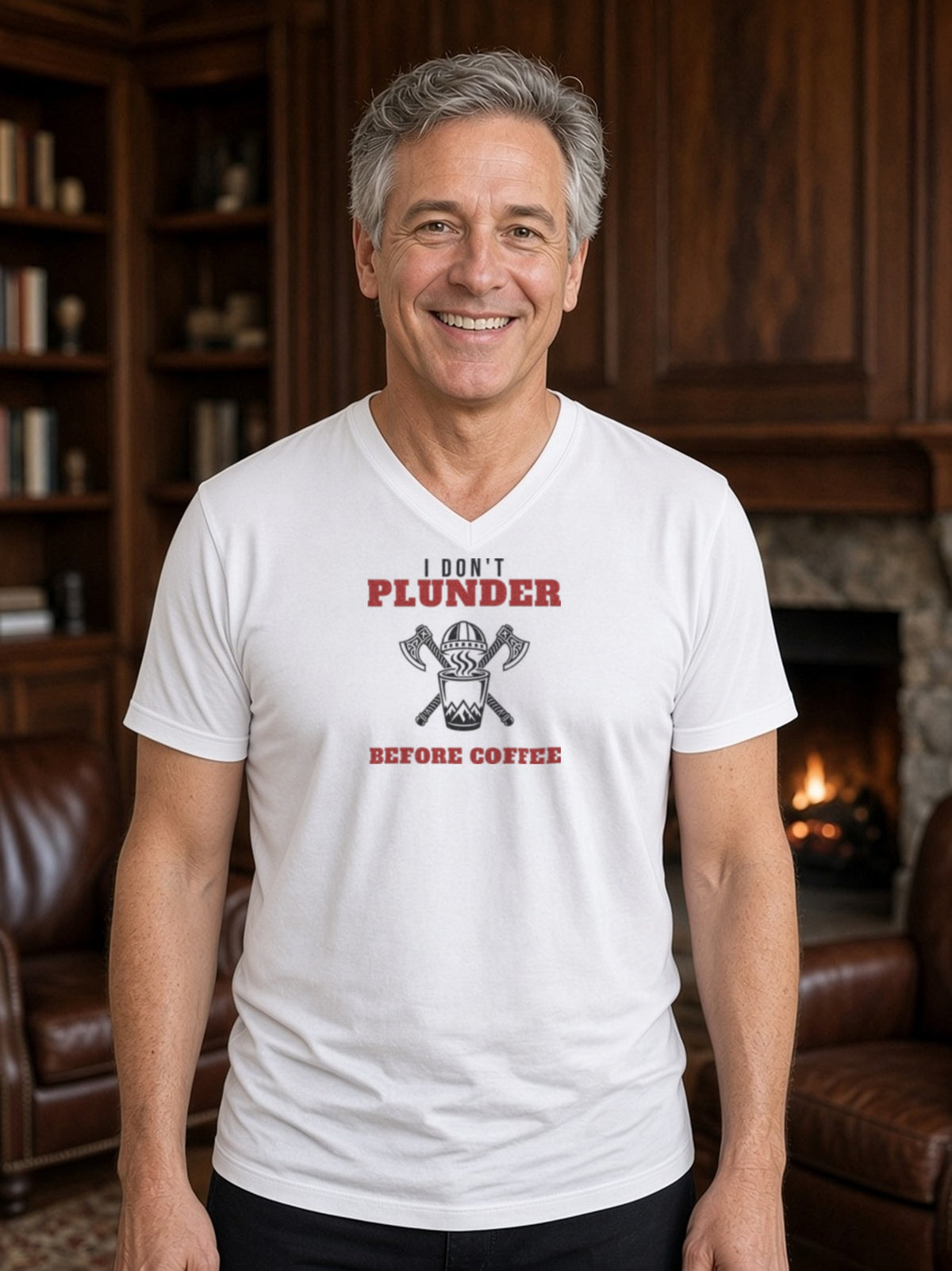 I Don't Plunder Before Coffee Viking V-Neck Tee - White