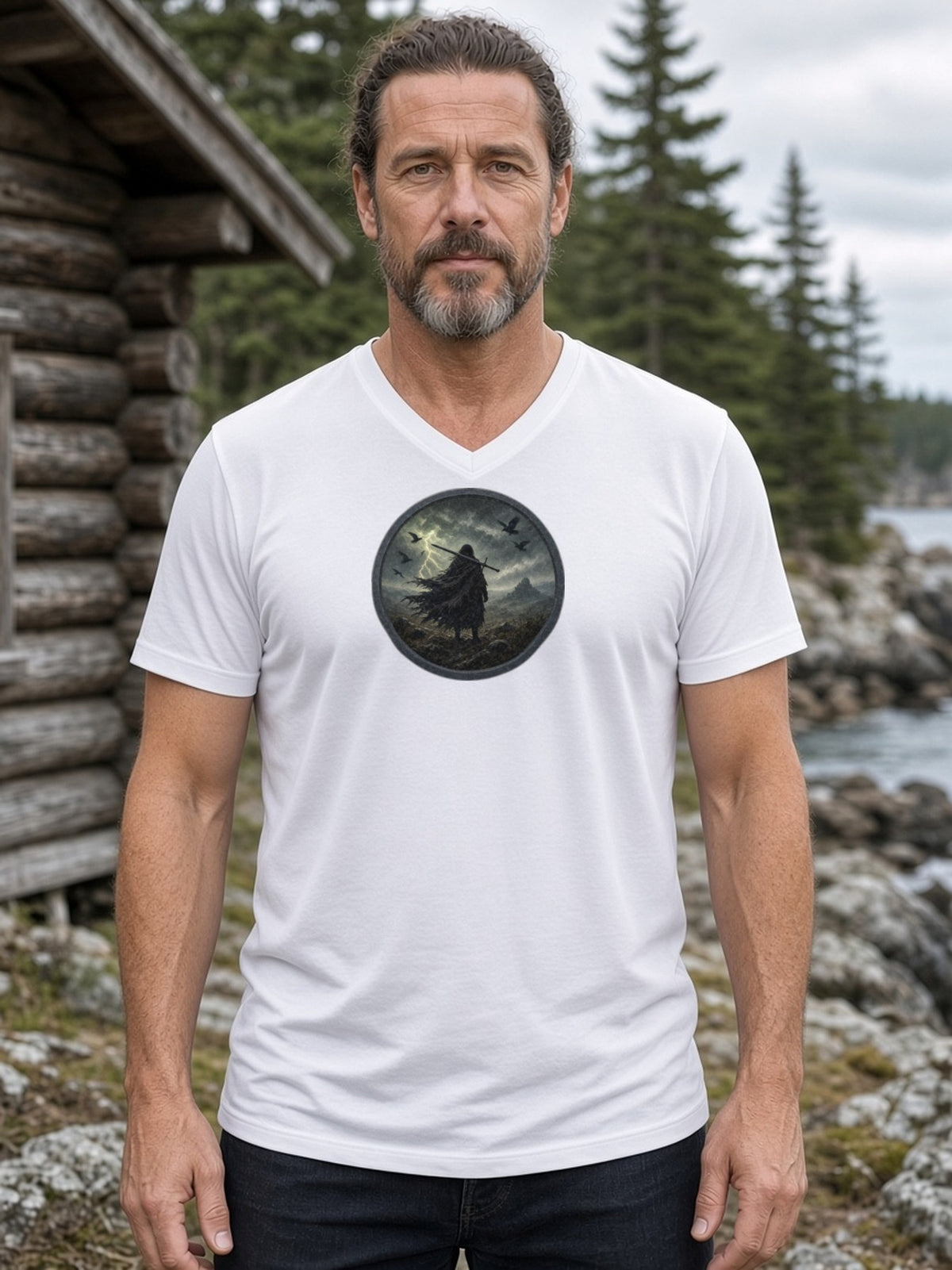 The Storm Moor Swordsman V-Neck Tee - White