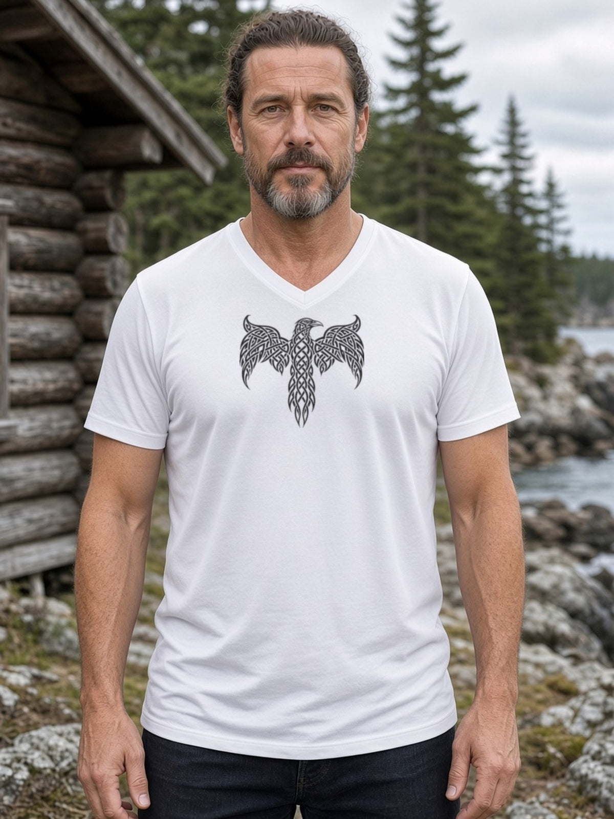Knotwork Raven Norse Art V-Neck Tee (Poly Blend) - White