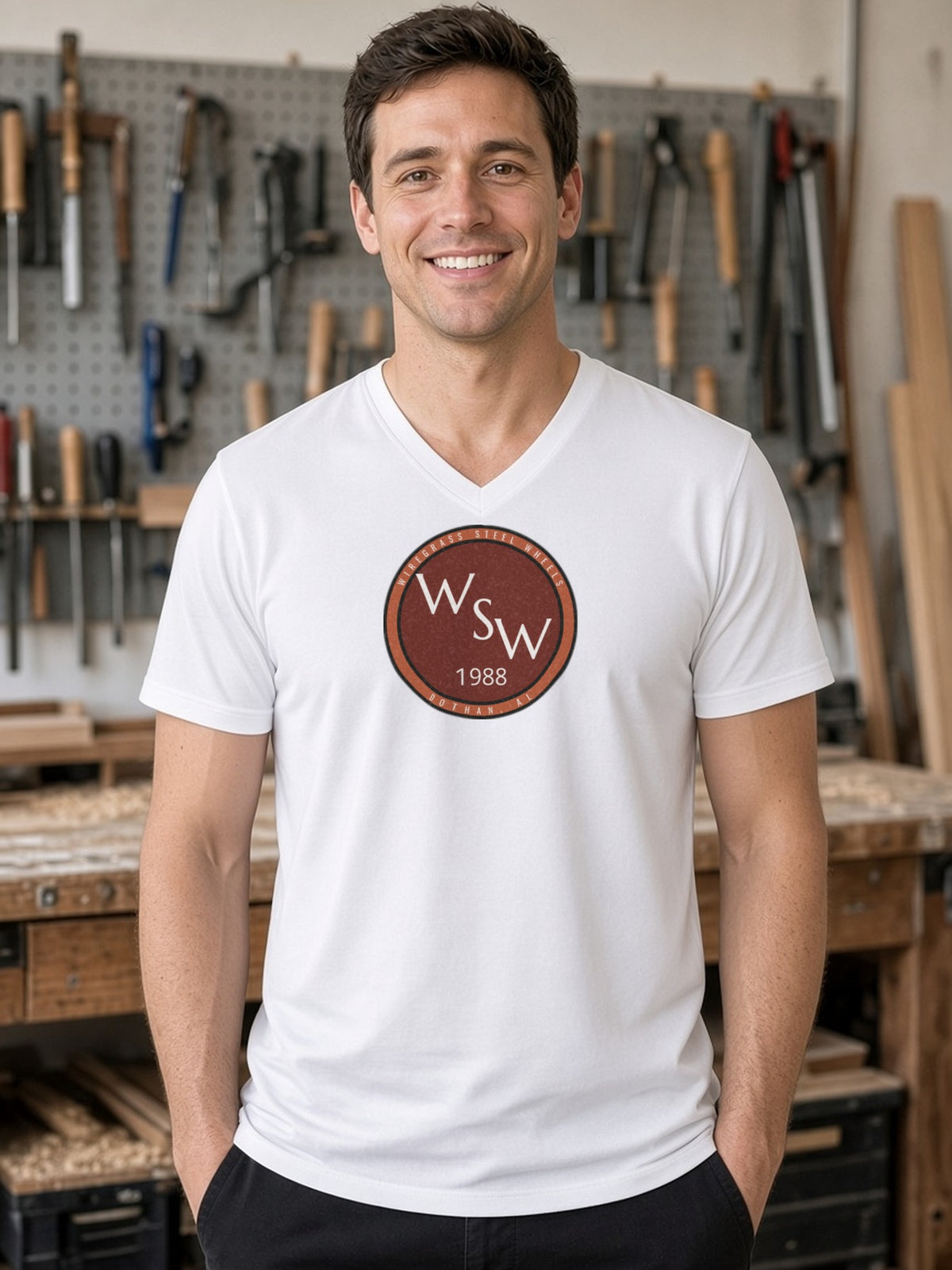 Wiregrass Steel Wheels V-Neck Tee - White