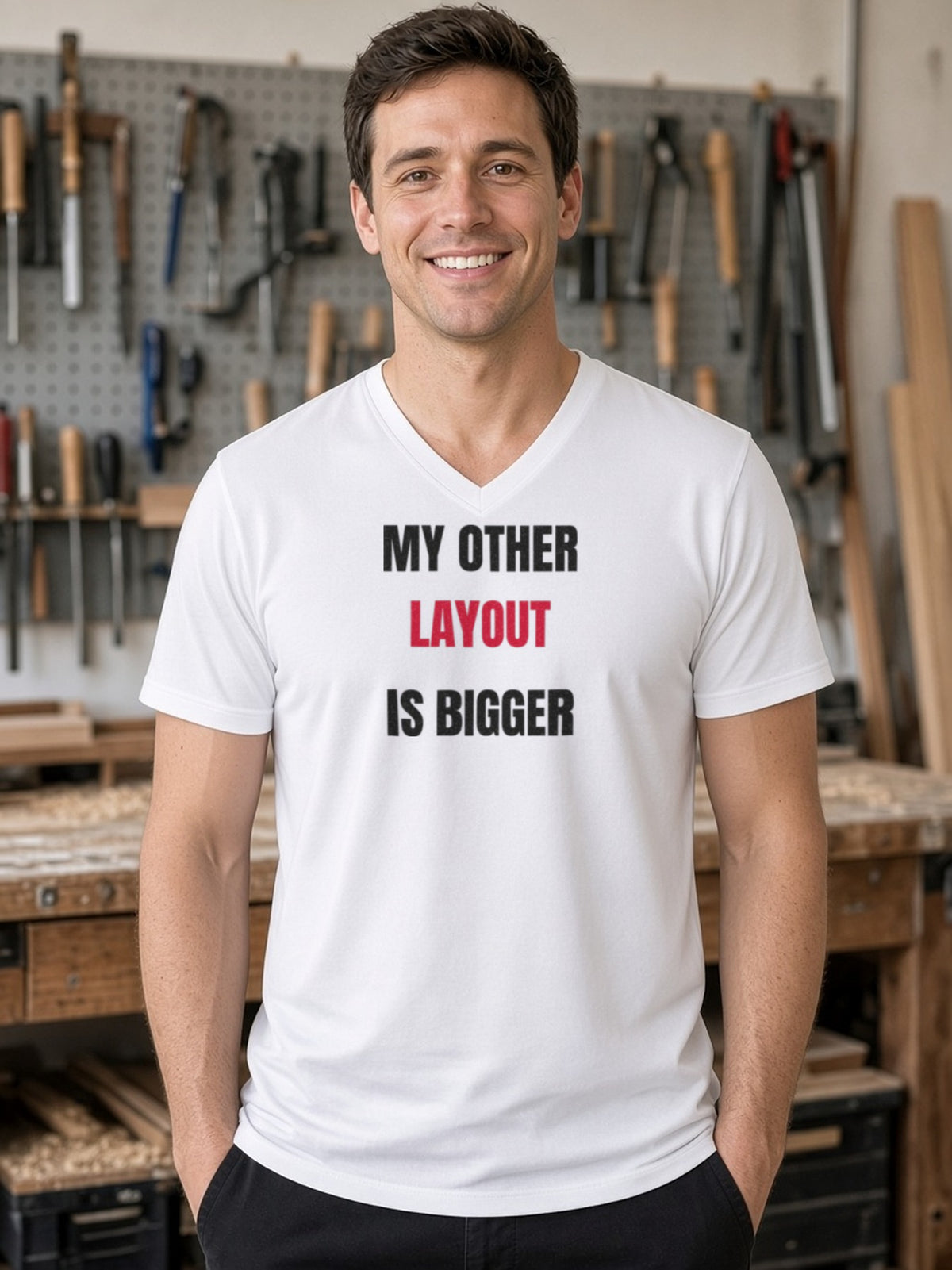 My Other Layout Is Bigger V-Neck Tee (Poly Blend) - White